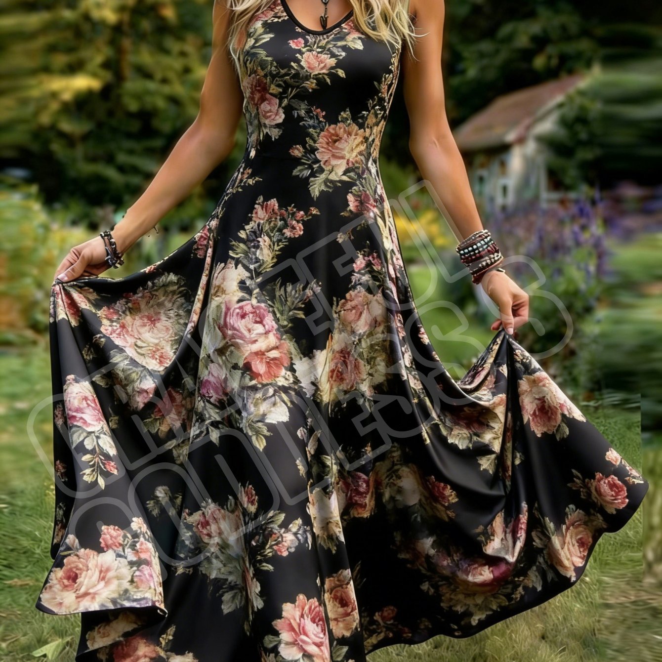 Image of Women' Sleeveless V-neck Maxi Dress, Retro Style Pastoral Floral Print A-line Skirt, Machine Washable, Great Exotic Style Beachwear