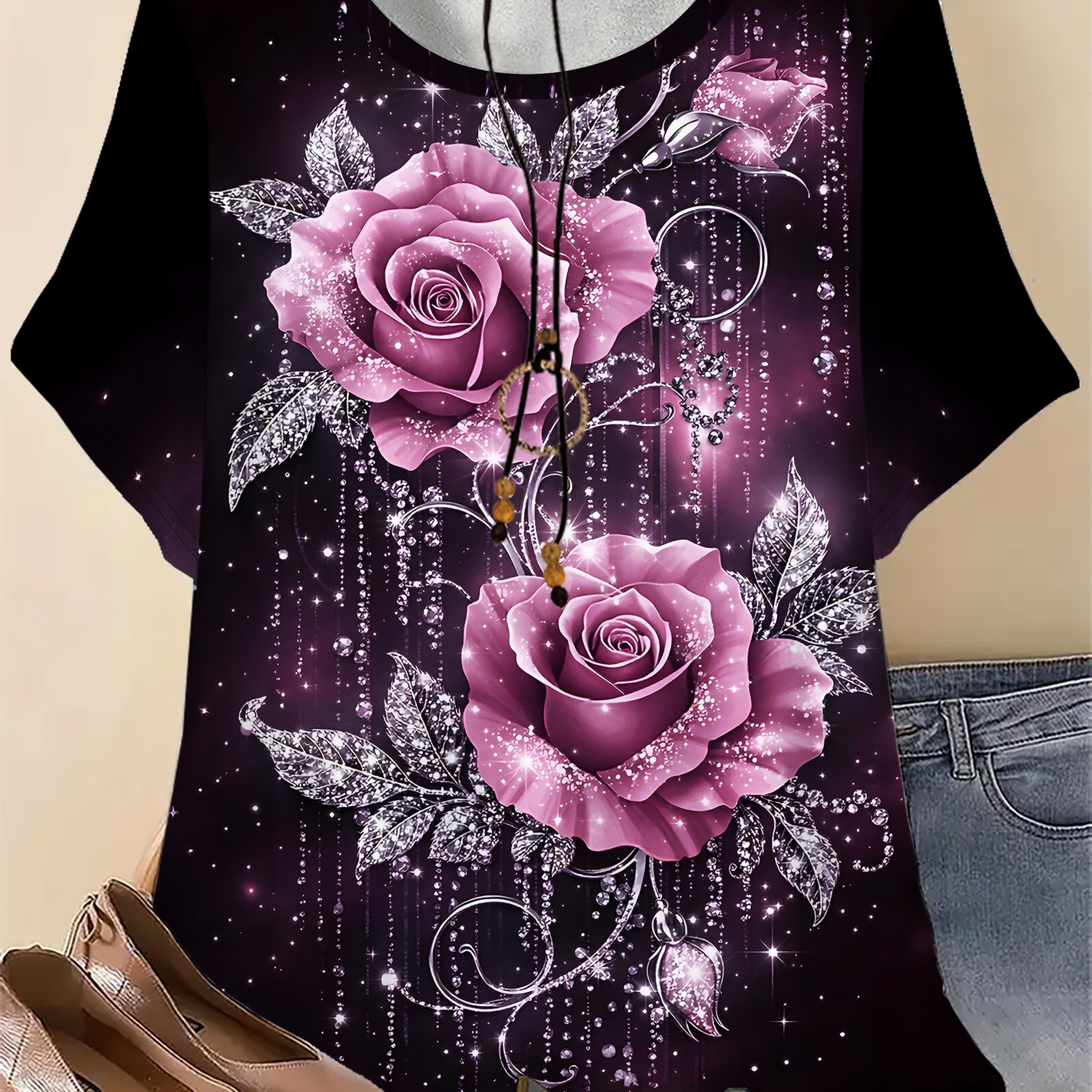 TEMU Plus Size - Plus Size - Women's Rose Print Round Neck T-shirt - A Lightweight Casual Short-sleeve Top, Vibrant , Machine Washable For Spring,