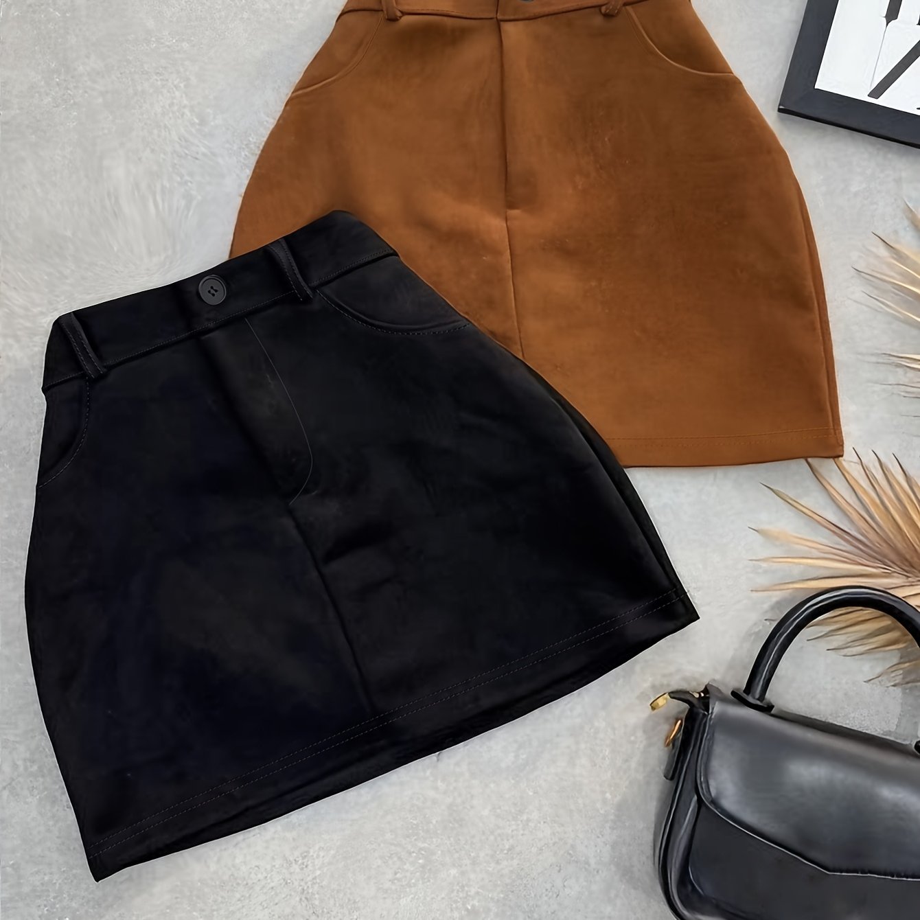 TEMU Two-pack Spring/autumn & Fall/winter Velvet Women's Short Skirt, Elegant Commuter Solid Color High-waist Fitted Pencil Skirt, Comfortable