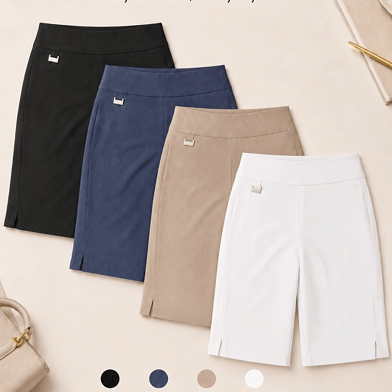 TEMU 4-pack Women's Pull-on Bermuda Shorts, Stretchy Breathable Skin-friendly Knee Length Work Shorts With Side Slit Hem