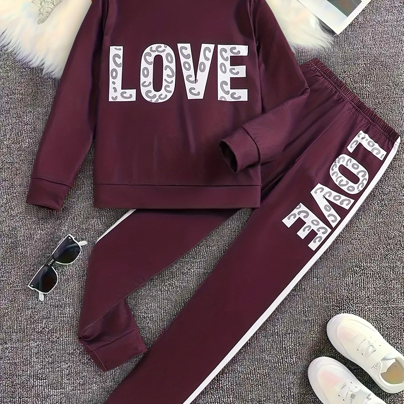 Image of Girls' Suit Autumn Style Letter Print Solid Color Round Neck Long Sleeve Sweatshirt And Sweatshirt Trousers Two-piece Casual Fashion Small And Medium Suit, For Outdoor