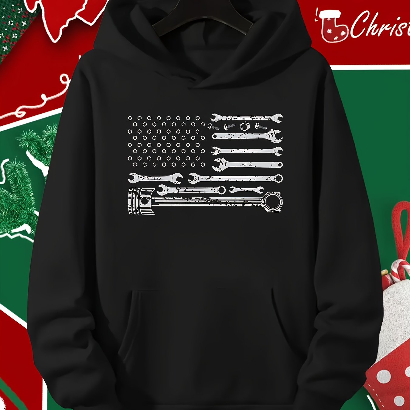 TEMU Men's Heavy-duty Mechanic Hoodie With Auto Repair Graphics (wrench & Car Parts) - Soft Fleece Hooded Sweatshirt, Machine Washable Pullover For
