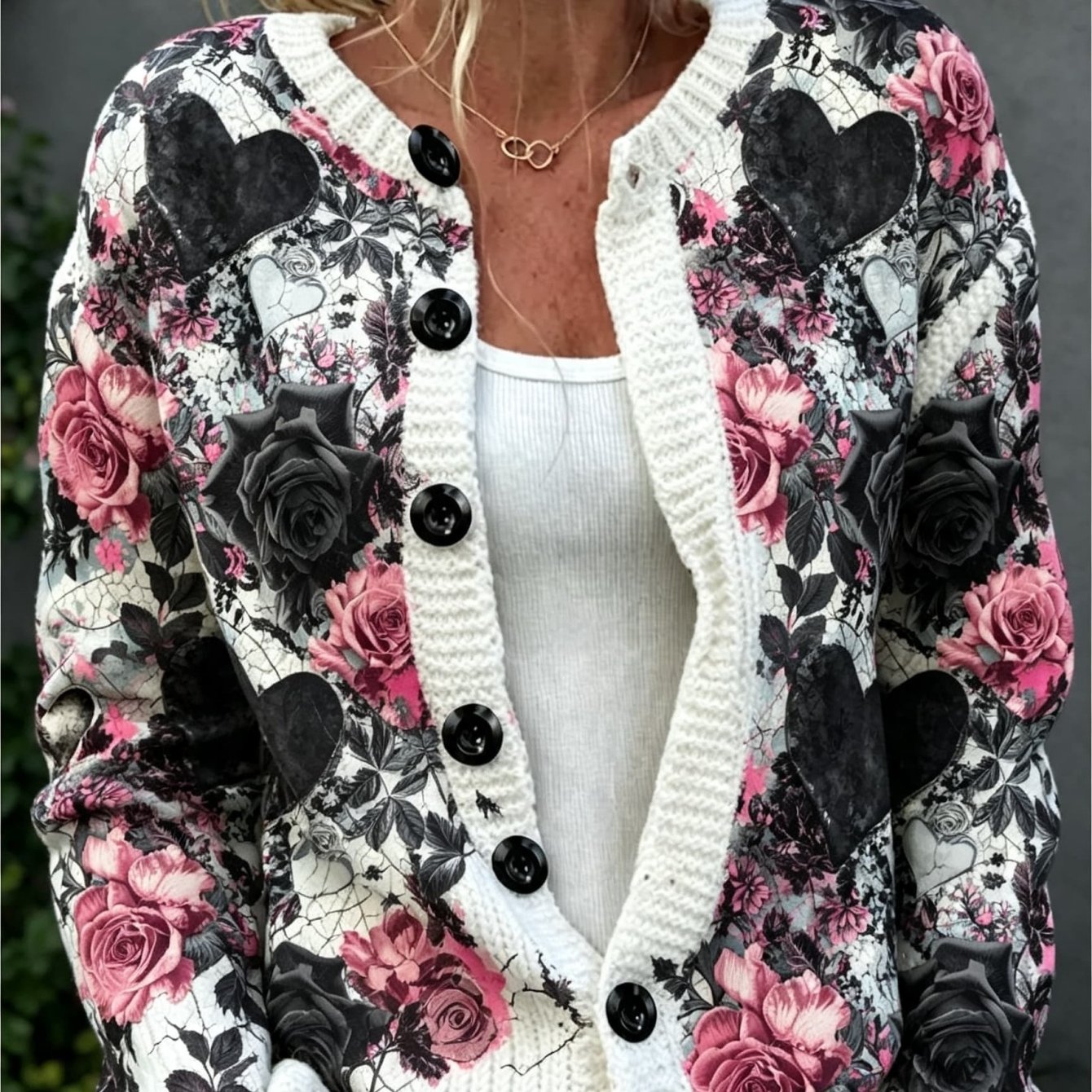Image of Plus Size - Women's Rose And Heart Print Cardigan, Round Neck Long Sleeve Front Button Jacket, Casual Loose Coat, Suitable For Autumn, Winter, And Holiday Wear