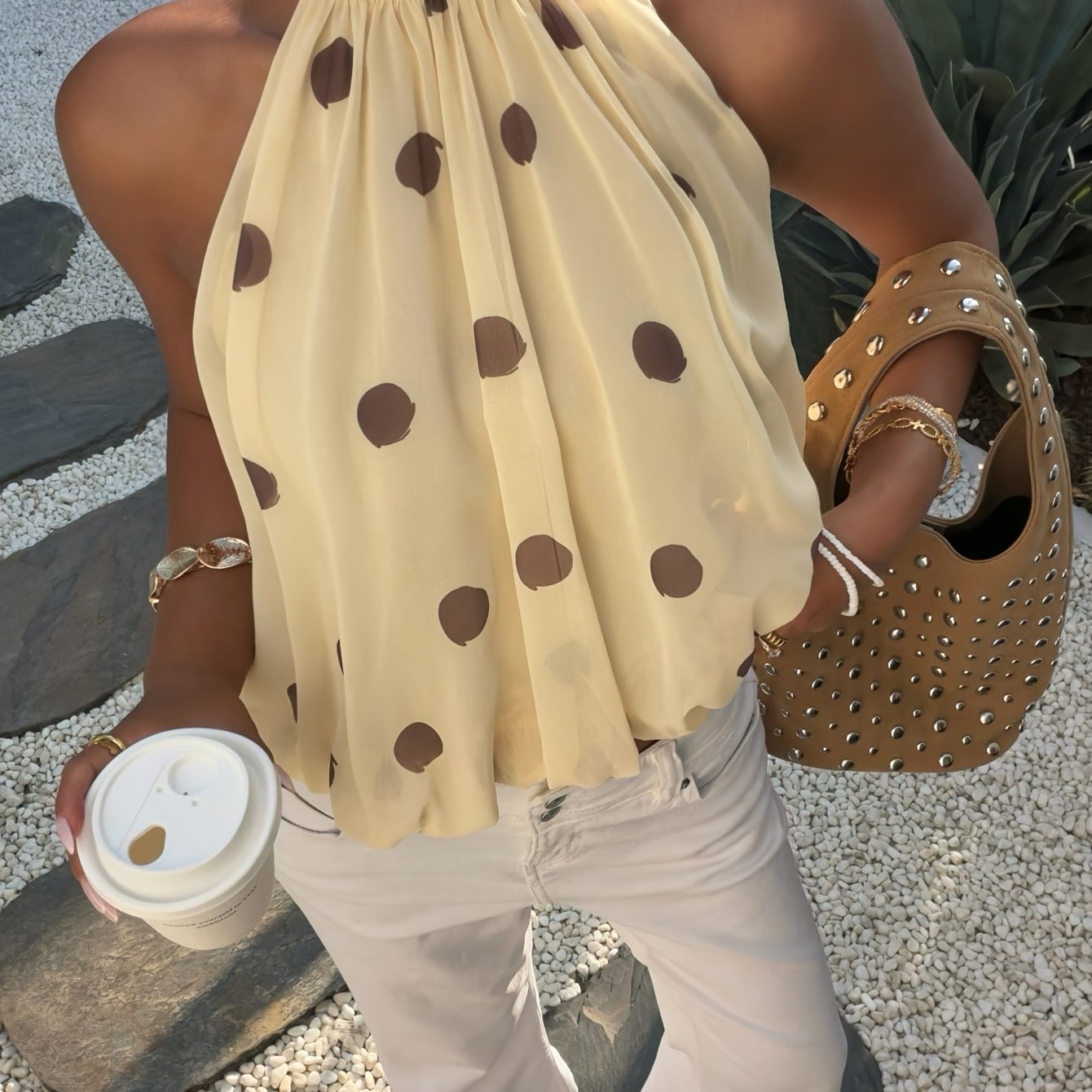 TEMU Women's Casual Polka Dot Print Halter Neck Off-shoulder Top, Bohemian Beach Party