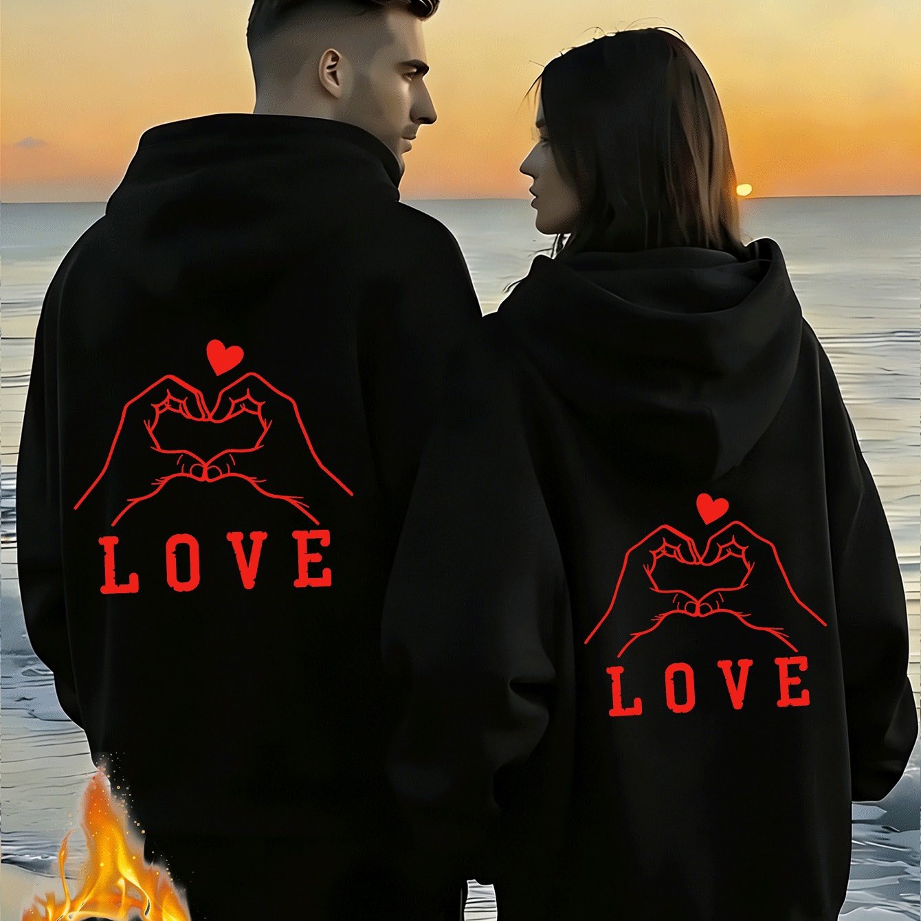 TEMU Love Hand Couple'-piece Fashionable Casual Sports Hoodie With Back Print