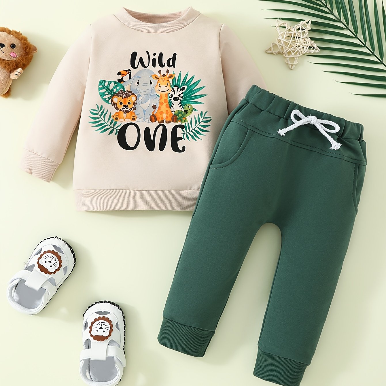 Image of Boys' Spring/autumn Round Neck Long Sleeve One-year-old Cartoon Animal Print Sweatshirt + Solid Color Pants Two-piece Set Outdoor Set, Perfect For Outdoor