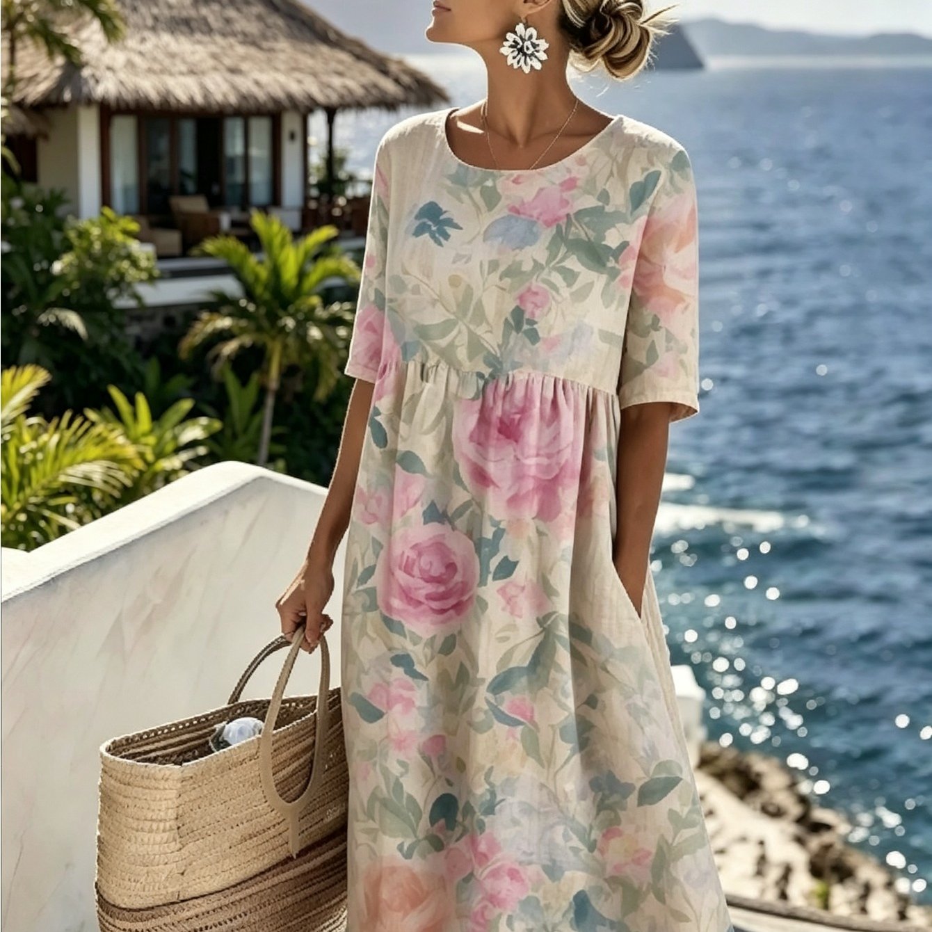 Women's Bohemian Print Mid-length Dress - Round Neck With Half Sleeves And Pockets, Casual Loose Summer Dress, Suitable For Vacation, Beach, And Everyday Wear