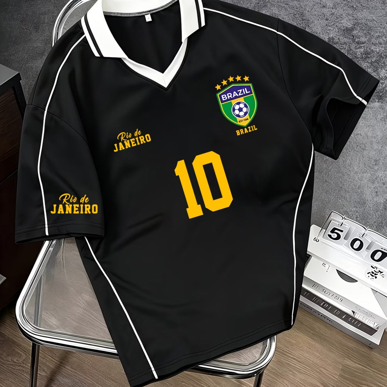 TEMU Maillot de football Rio pour homme avec imprimé - T-shirt polo à col à style football sud-américain | Léger, respirant, coupe à épaules