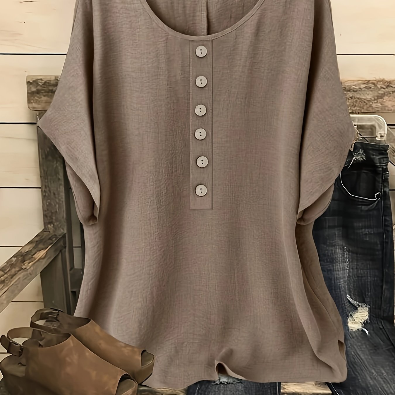 E-shop Plus Size, Damen Casual Dekorative Knopf Rundhals Urlaub Einfarbig Fledermausärmel Shirt