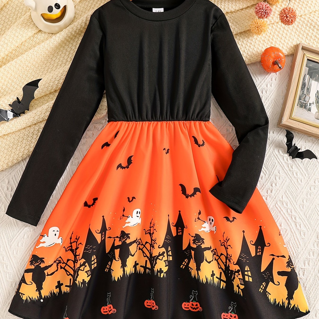Girls' Long Sleeve Pumpkin Print Princess Dress - Machine Washable Fall Winter With -line For Events, Parties & Casual Attire - Cute Dress (regular Fit)