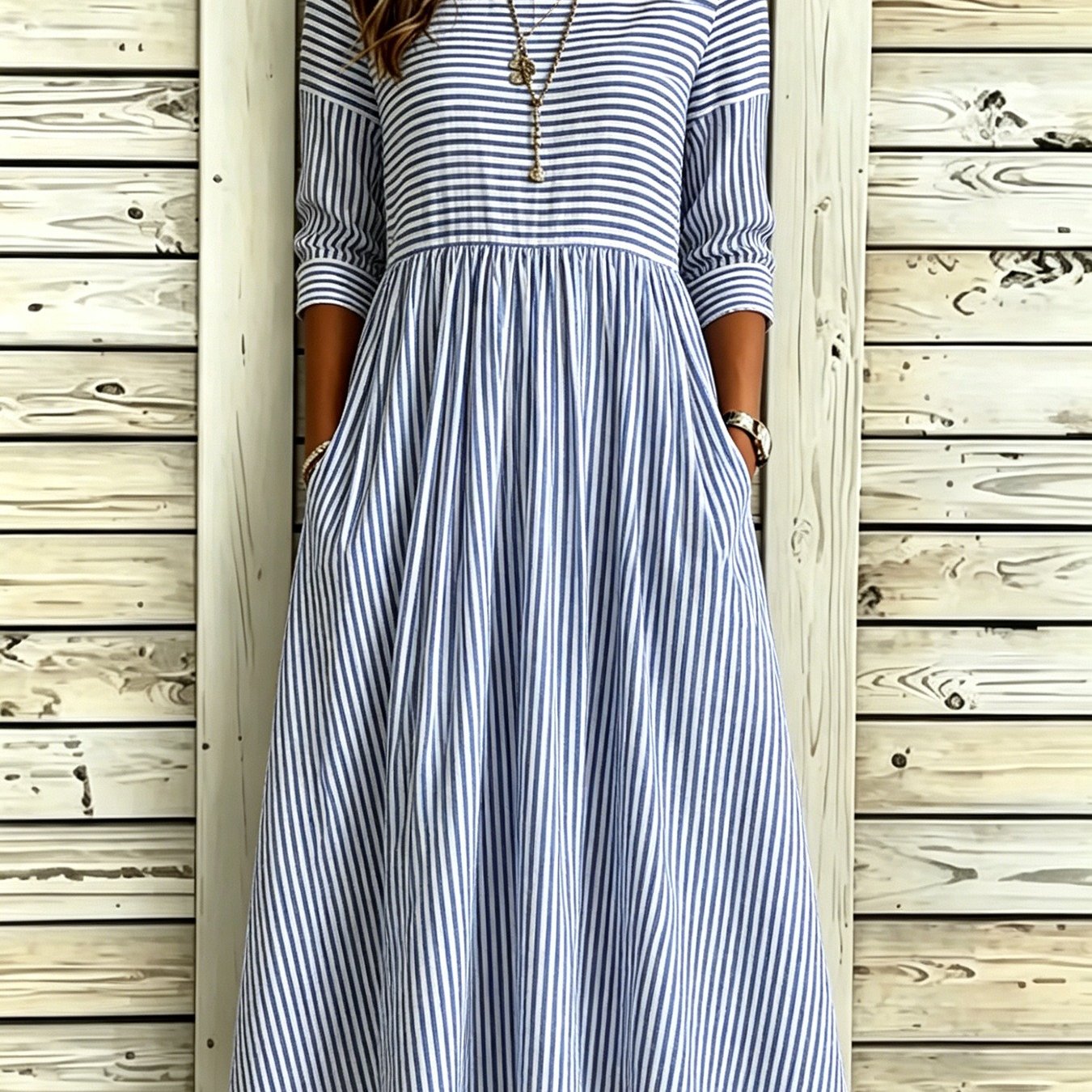 Women's Classic Striped Midi Dress With Pockets - Round Neck (7/8 Length) Suitable For Spring/summer, Casual Dress With Detail, Machine Washable -compatible For Styles