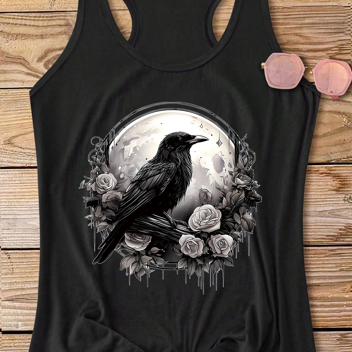 TEMU Women's Crow & Rose Dark Aesthetic Tank Top | Full Decor, Casual Gothic Festival Outfit, Crew Neck, Spring/summer Season