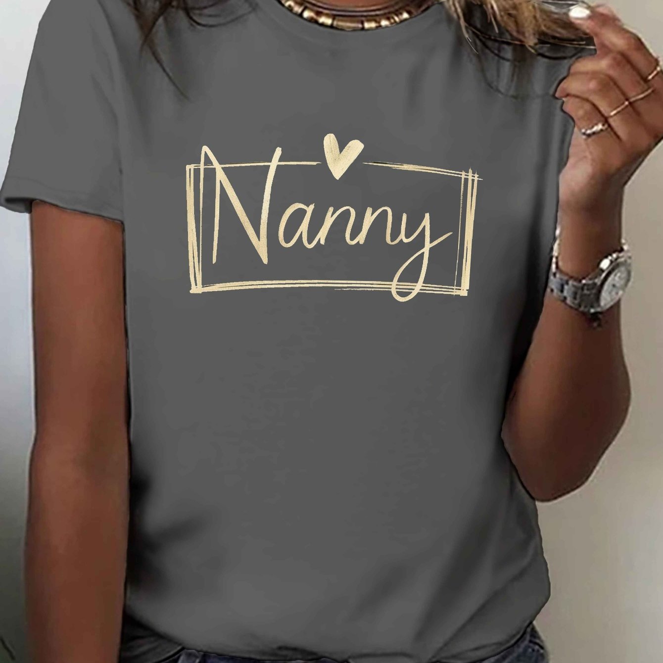 TEMU Nanny With Heart Symbol Print T-shirt, Short Sleeve Crew Neck Casual Top For Summer & Spring, Women's Clothing