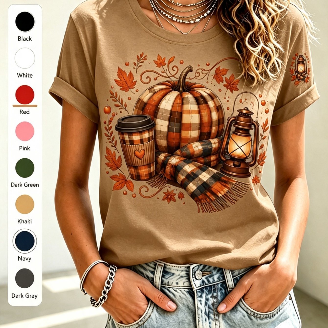 TEMU Women's Autumn Vintage Plaid Pumpkin Coffee Cup Lantern Scarf Graphic Crew Neck Short Sleeve T-shirt, Casual Loose For Thanksgiving And Everyday