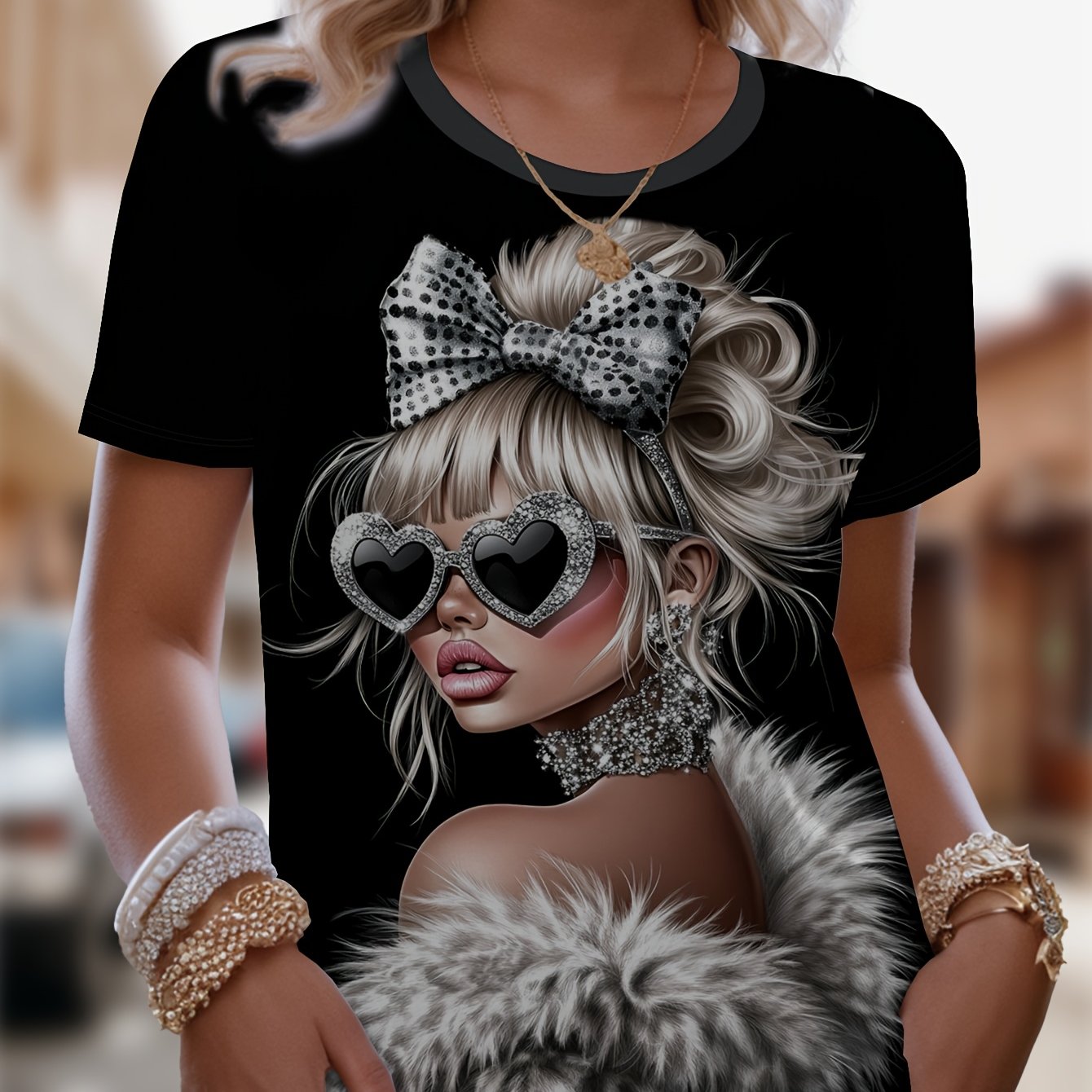 TEMU T-shirt élégant pour femme avec imprimé blonde, haut décontracté à col ras du cou et manches courtes, lavable en machine, convient à toutes ,