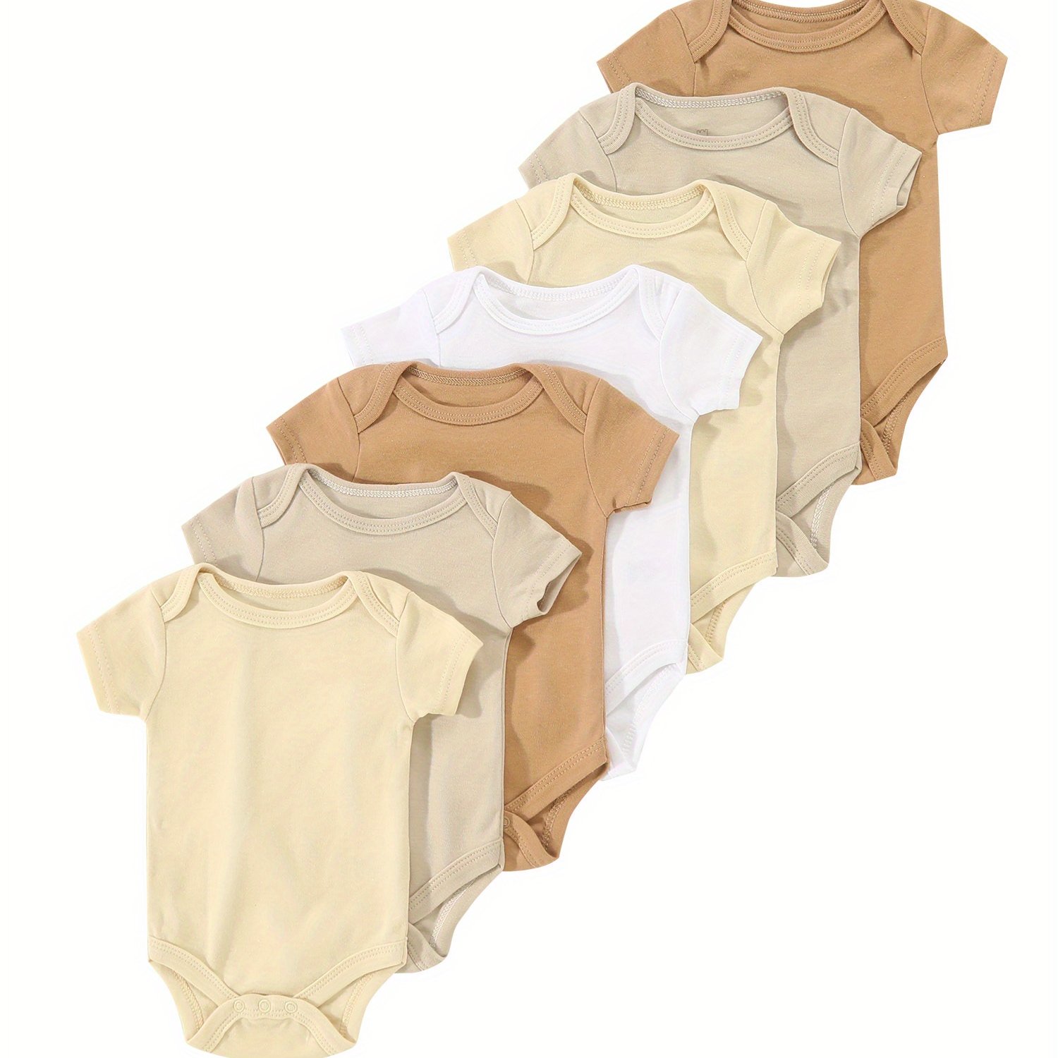 Image of 7pcs Set Of Newborn Infant Casual Solid Color Romper, Baby Boy Outdoor Brown Triangle Onesie, For Outdoor