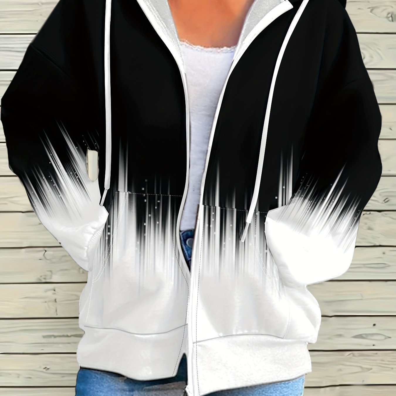 Plus Size - Plus Size - Casual Sweatshirt, Women's Plus Ombre Print Zip Up Long Sleeve Drawstring Hoodie Sweatshirt Plus Size