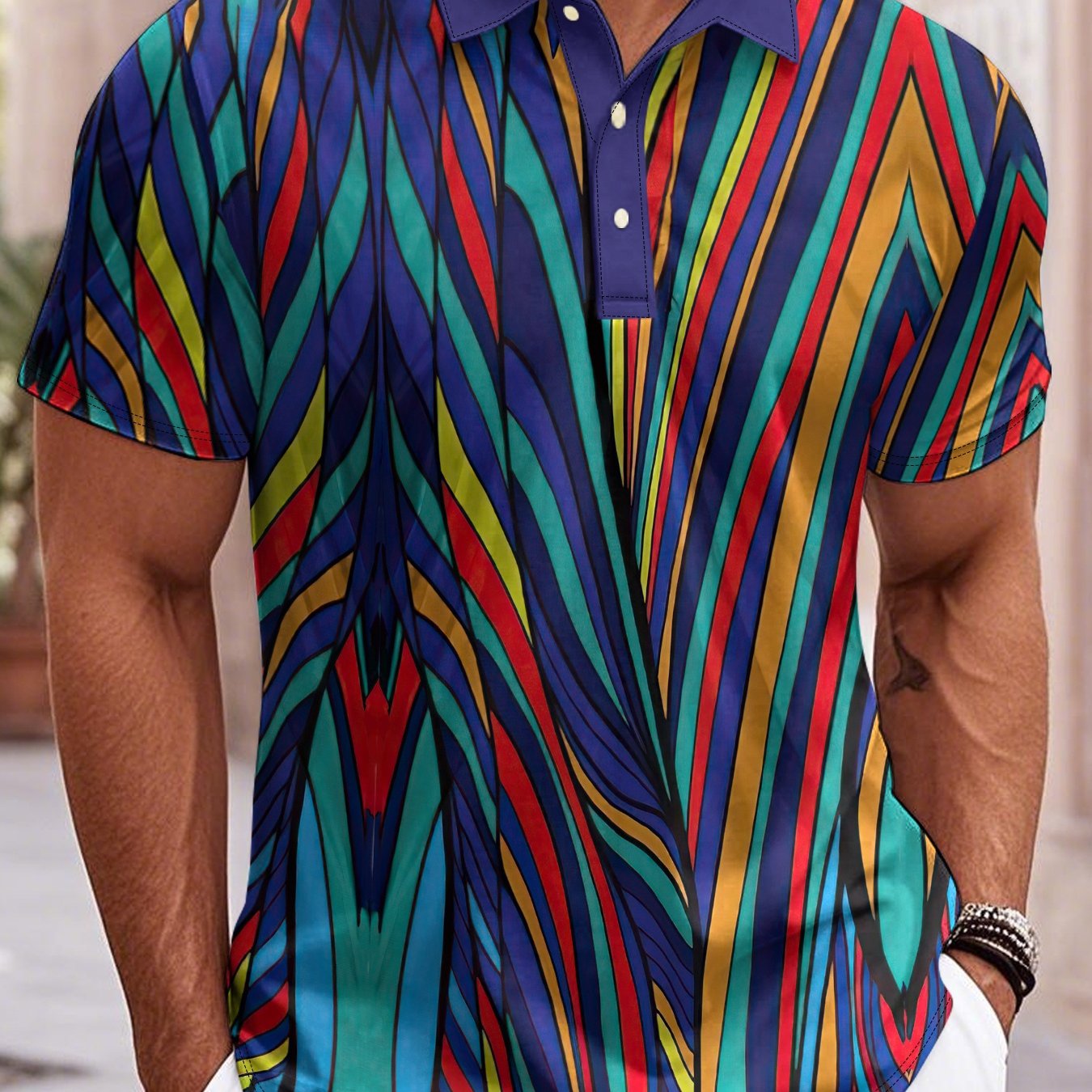 TEMU [print Design Not Textured] Blue Short-sleeve Shirt, Print Colorful Striped Artistic Pattern, -garde Style For Casual Wear, Party Attire, And
