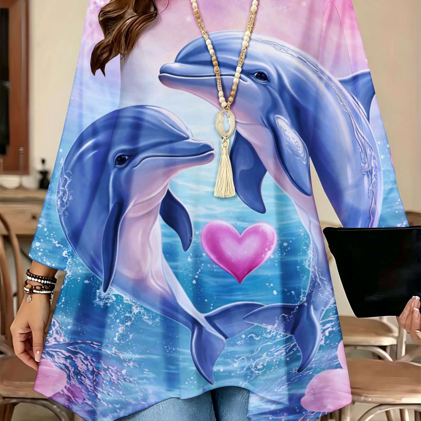 Image of Plus Size - Fashionable , Women's Long-sleeve Blouse With Round Neck And Asymmetric Hem, Dolphin Heart Print Micro-elasticity Fashion, Perfect For Spring And Summer Wear, For Women In Large Sizes