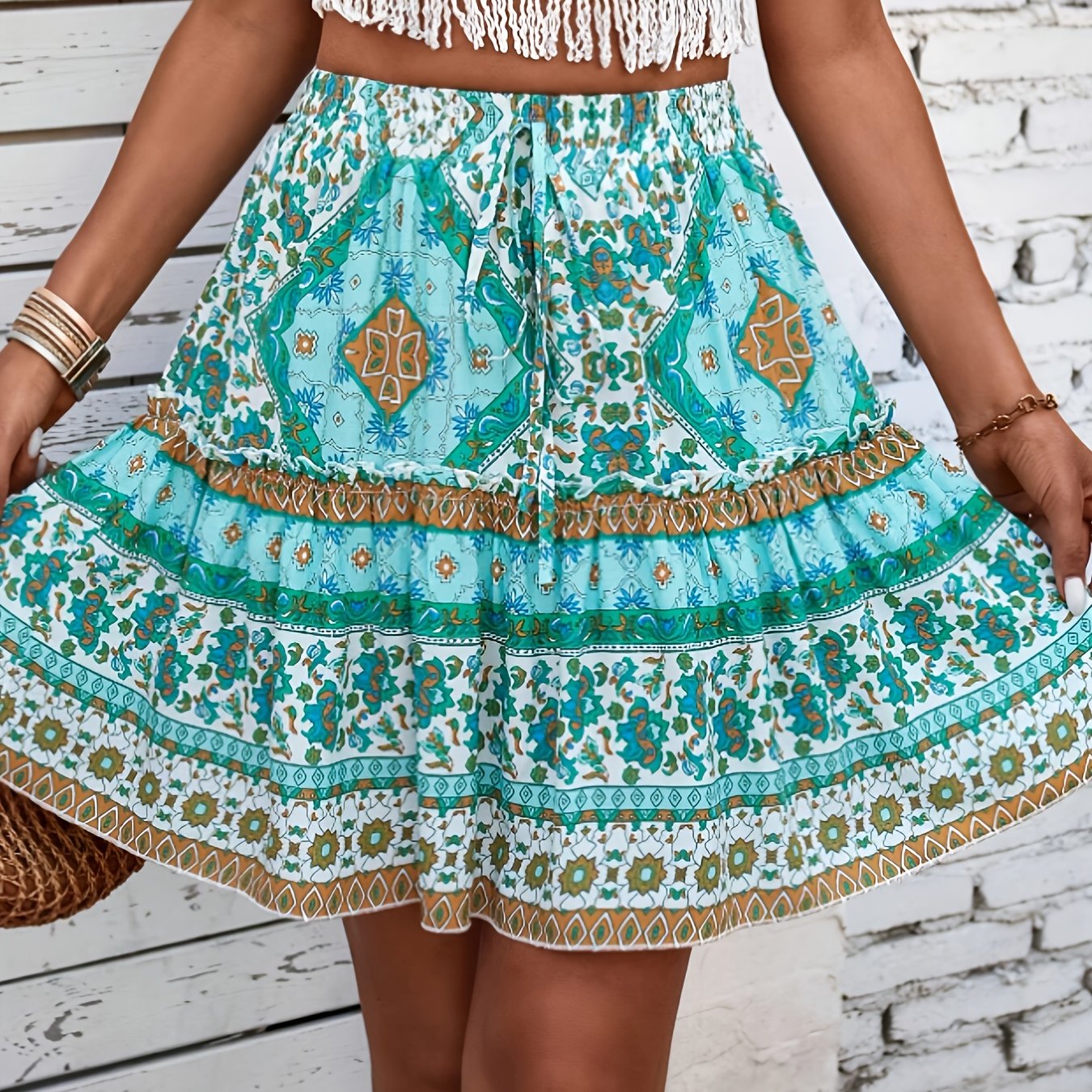 TEMU Print Front-tie Hem Half Skirt Niannian