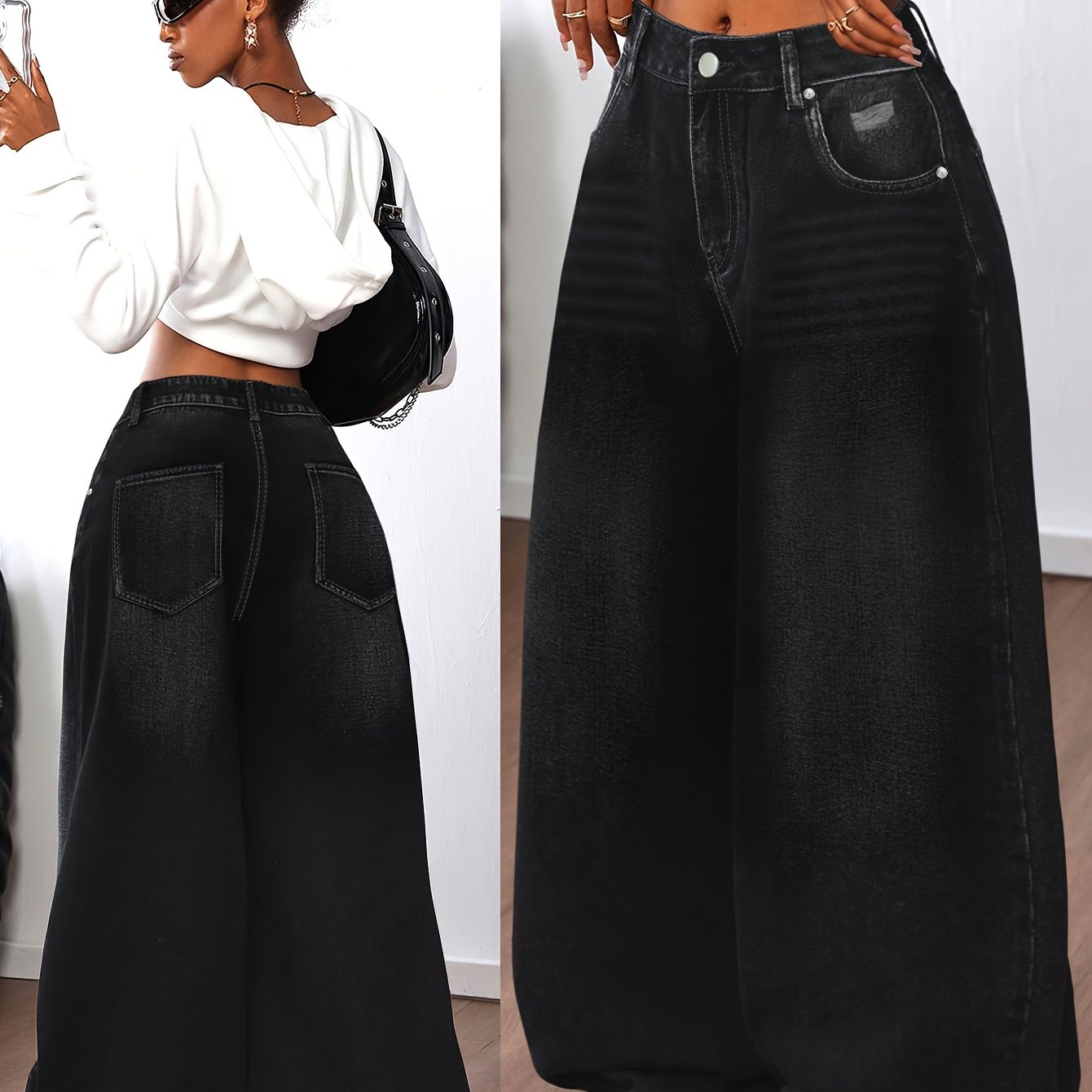 Ripped Loose-fitting Blue Wide-leg Jeans For Women, Designed For Casual Wear And Extra-long Length Denim Jeans