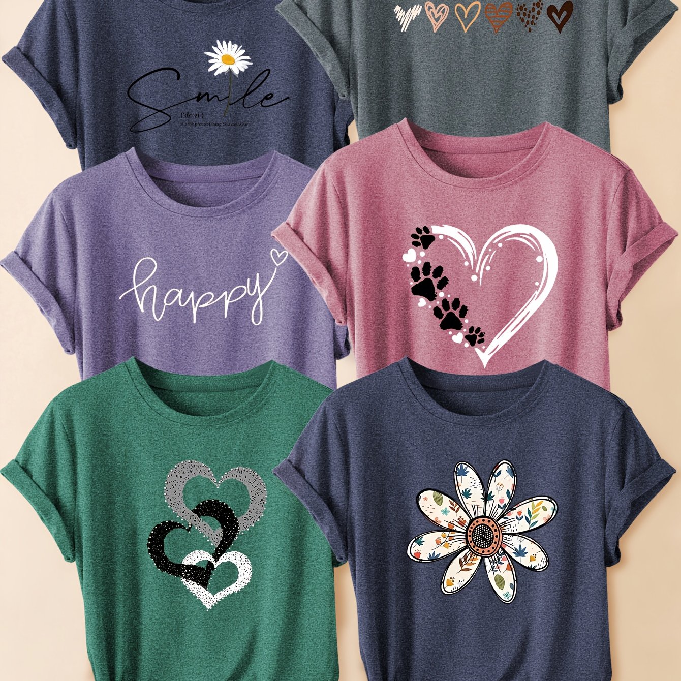 TEMU 6pcs Women's Vintage Smiling Flower & Chrysanthemum Print T-shirt Set - Plus Size 1xl-4xl, Short Sleeve Round Neck Blouses, Casual Summer &
