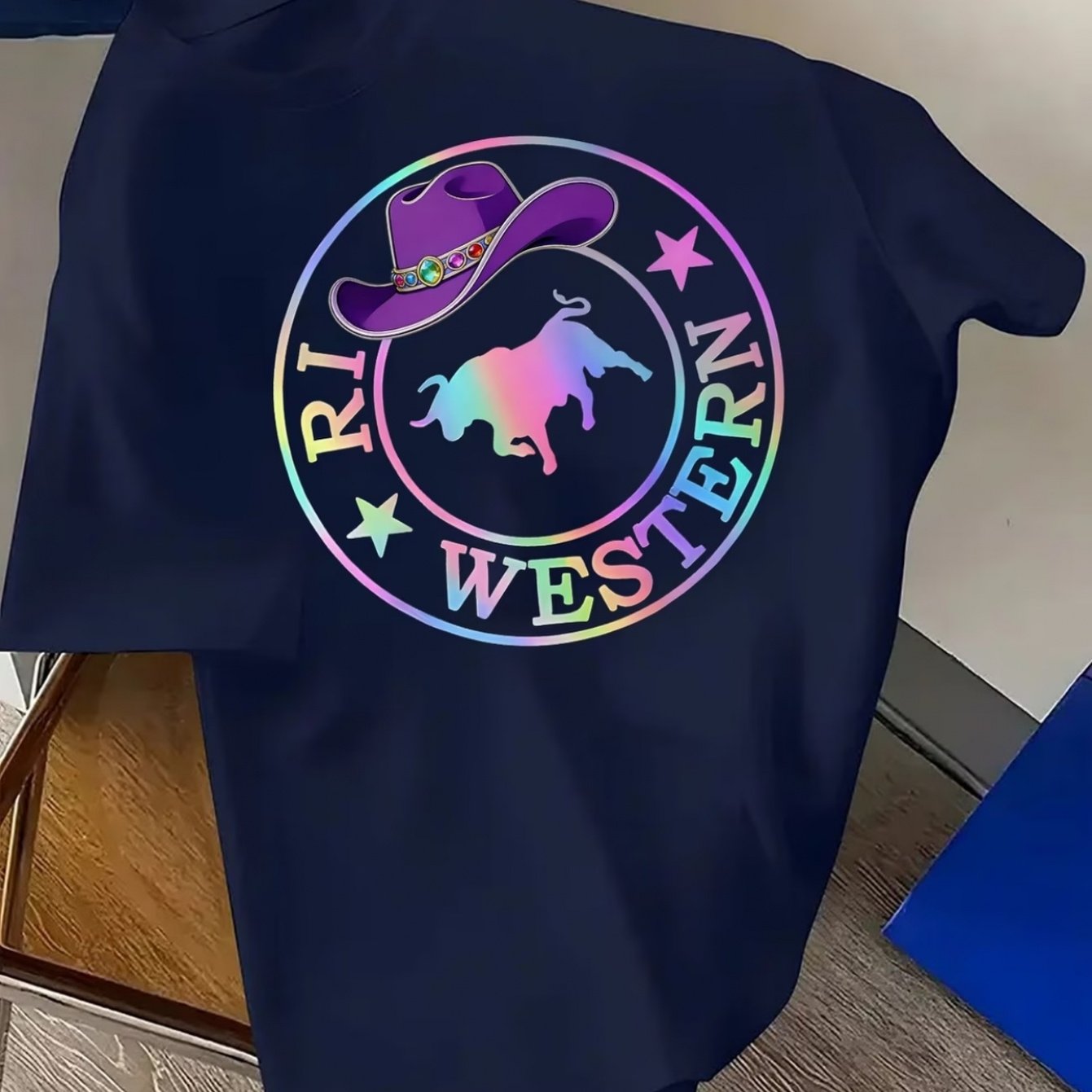 TEMU Men's Brand Round Neck T-shirt, With Cowboy Hat! Western Colorful Label American T-shirt - Polyester Knit Fabric, Men's Summer Casual Top, Loose