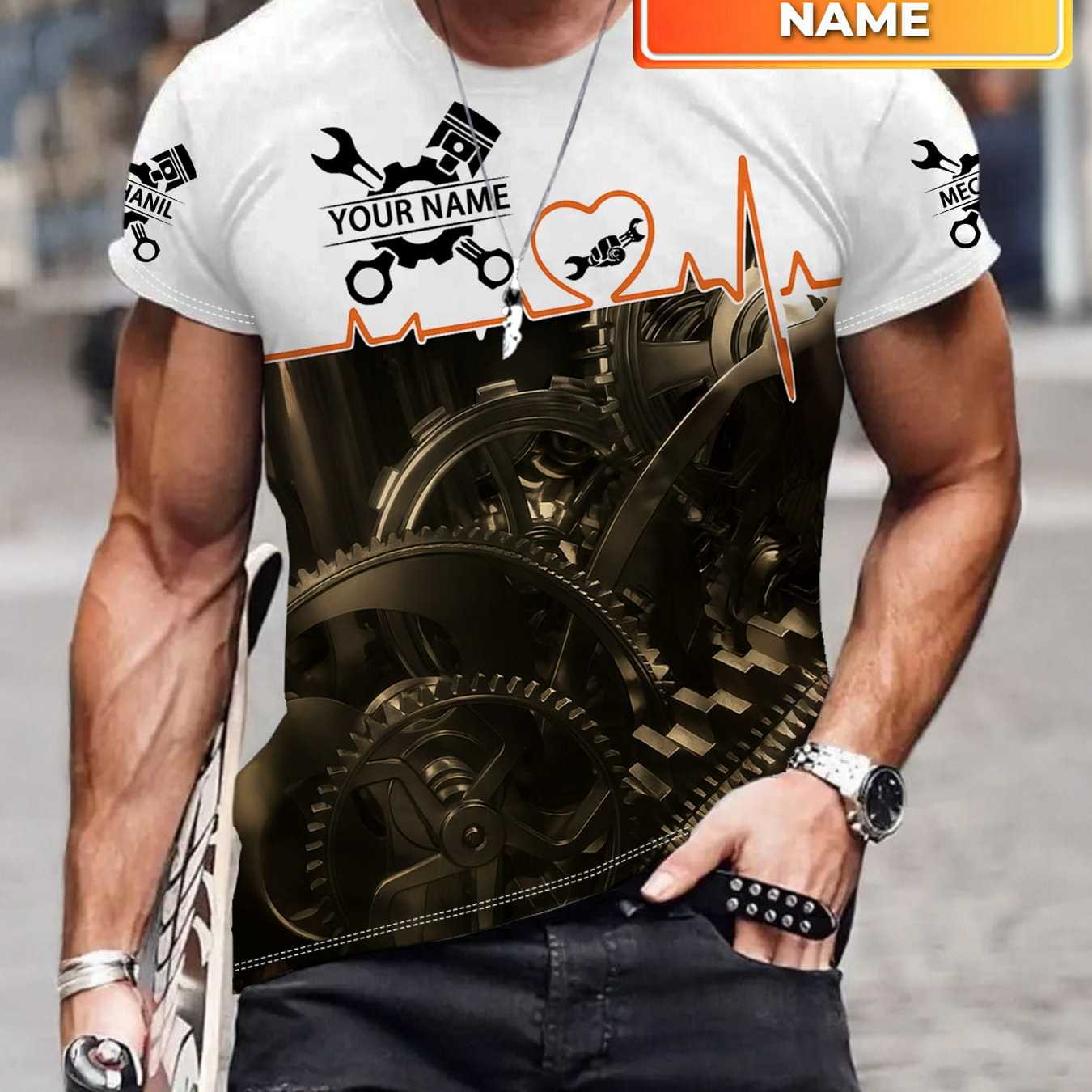 TEMU Customizable Name Mechanical Gear Pattern Men's Short-sleeve Top, Creative Print T-shirt For Car Repair Enthusiasts, Daily Casual Fashion