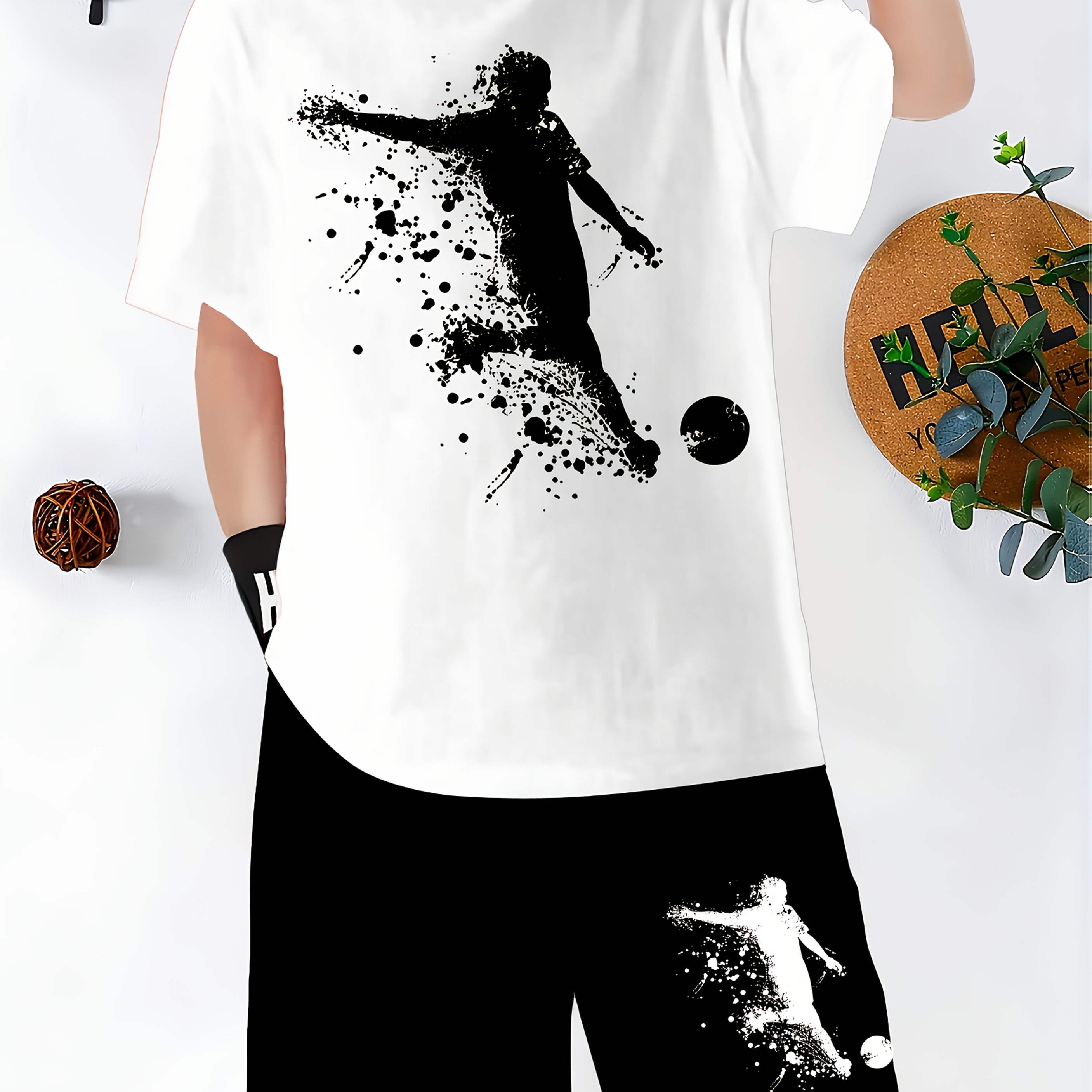 2pcs Summer Cool Football Graphic T-shirt Set For Boys, Breathable Sports Collection Print Short Sleeve Top And Shorts - Menswear For Outdoor Activities