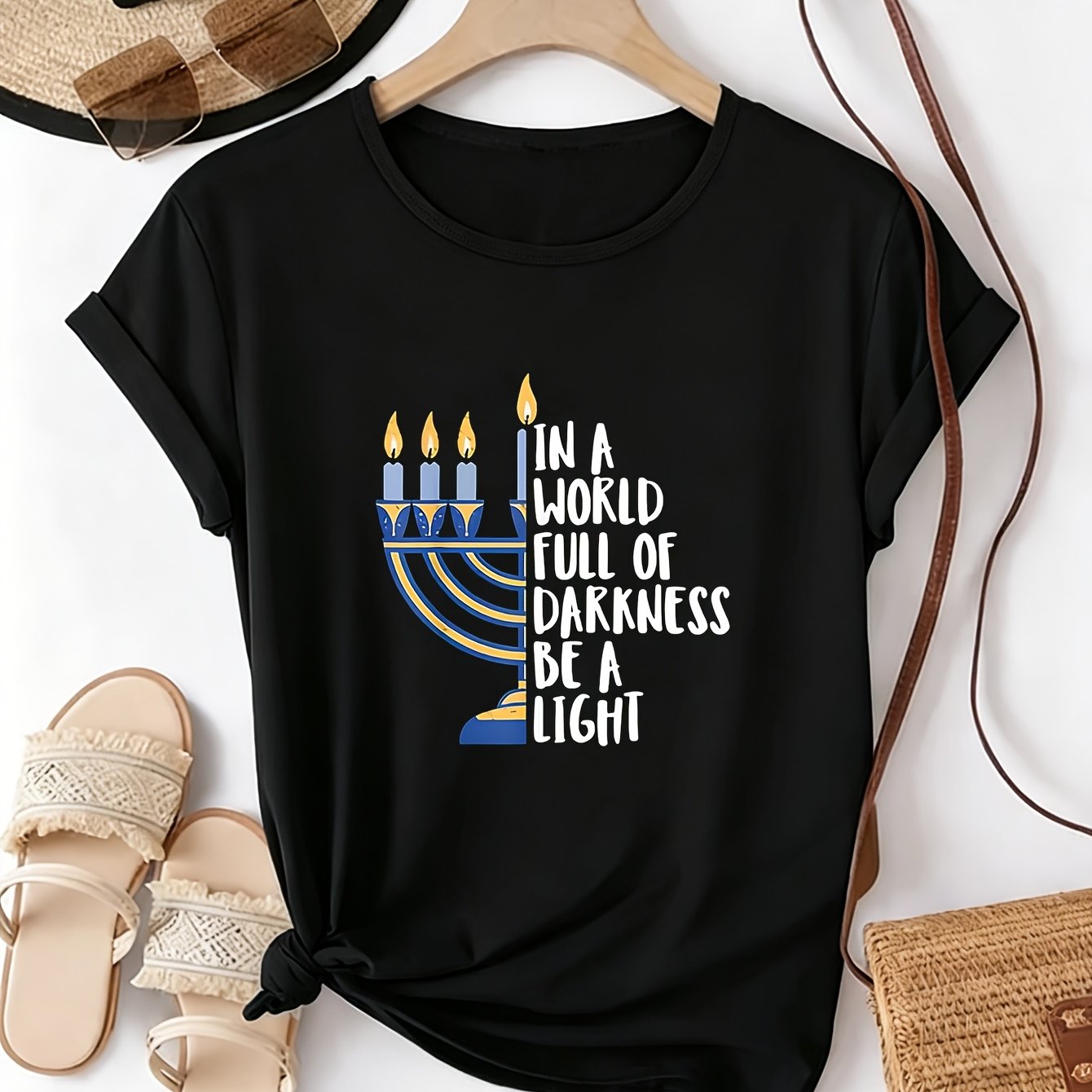 TEMU Women's Round Neck Short Sleeve T-shirt, Jewish Candelabra And Inspirational English Print, Western Literary Style, Spring Summer Casual Tee