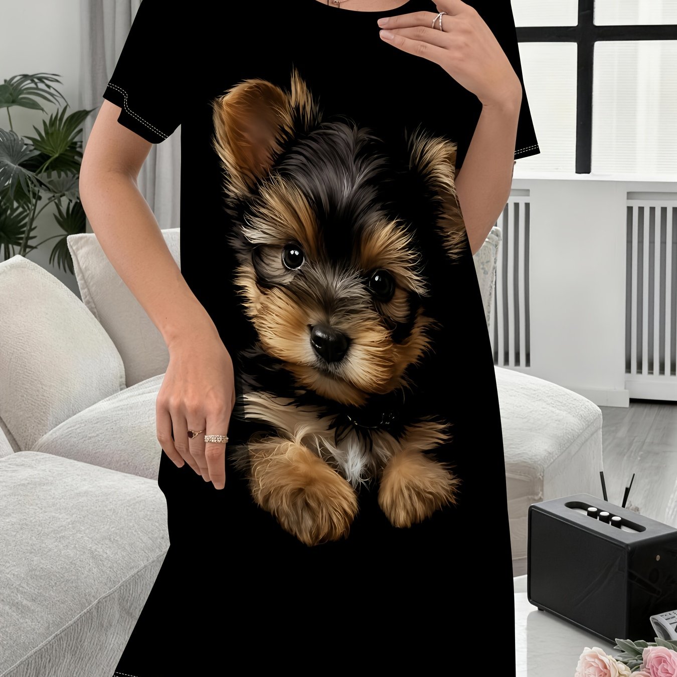 TEMU Women's Nightgown, Realistic Yorkshire Terrier Nightgown On Black Background, Comfortable For Indoor Wear, Ladies' Nightwear, Elegant Women's