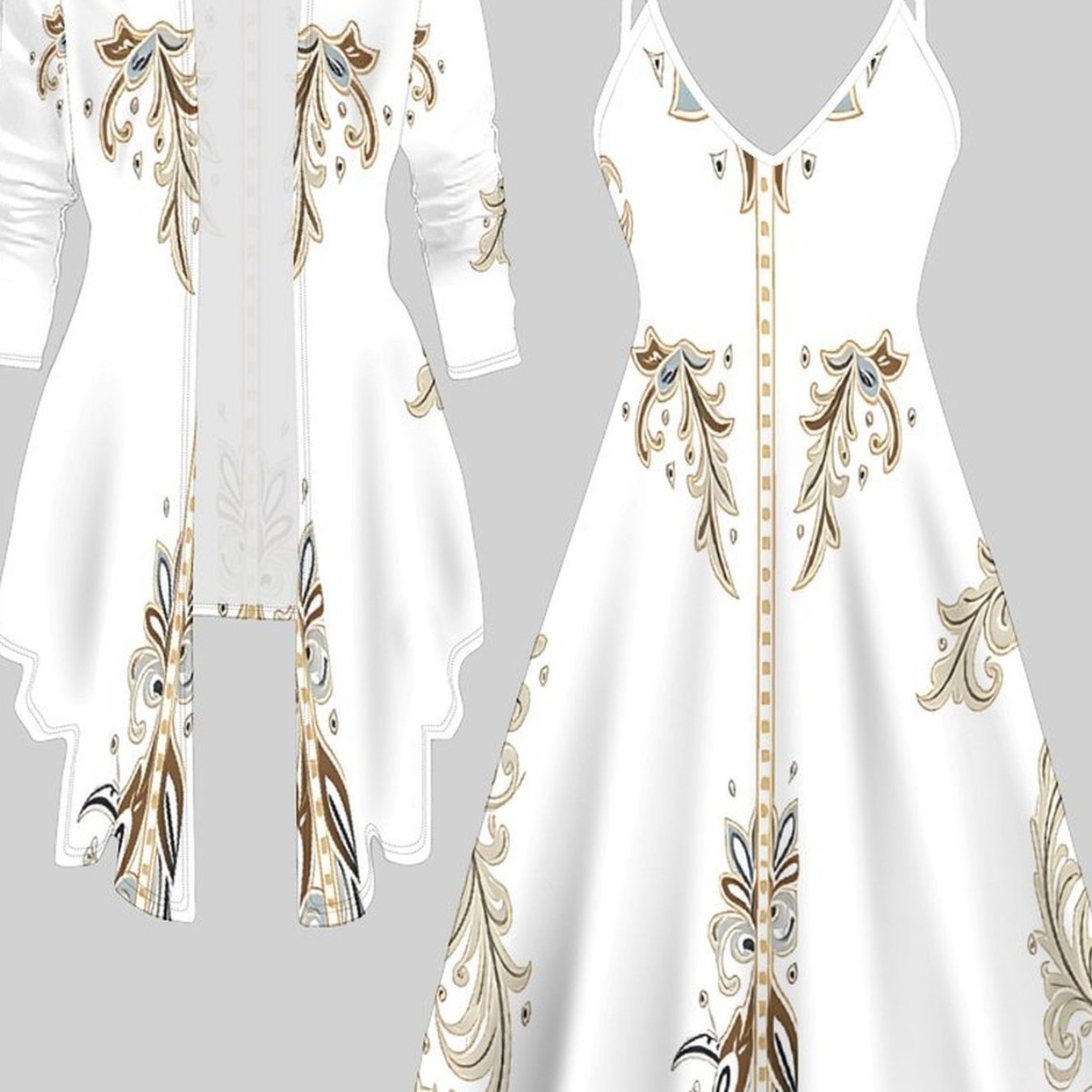 Printing And Dyeing Four-season Long-sleeve Jacket And Camisole Dress 2pcs Set With Totem , Casual And Style, Fashion Style, Elegant Women's Suit
