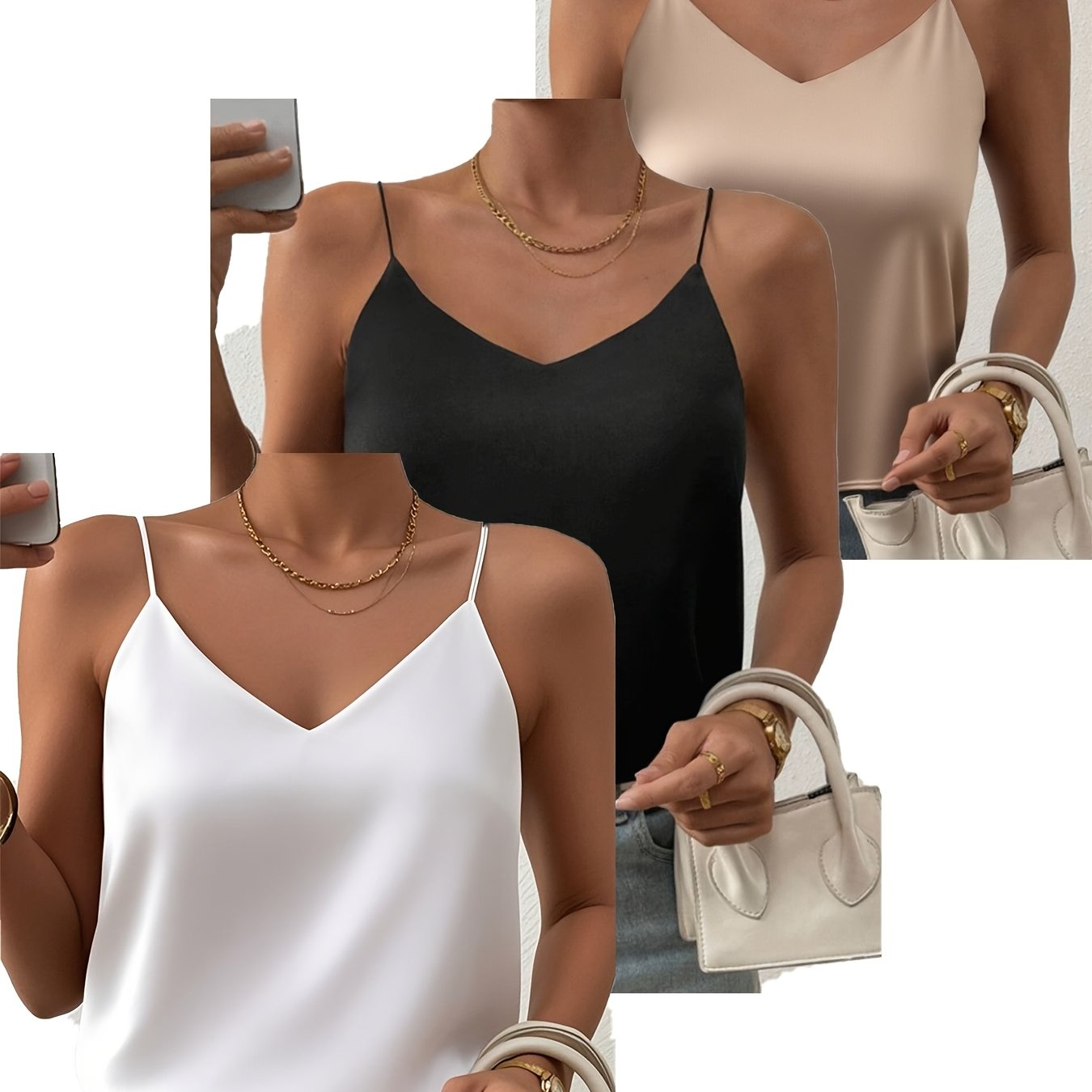 Image of 3pcs Satin Elegant Camisole Women's Inner Wear White Beautiful Back Acetate Top Satin Summer Suit Bottoming Shirt