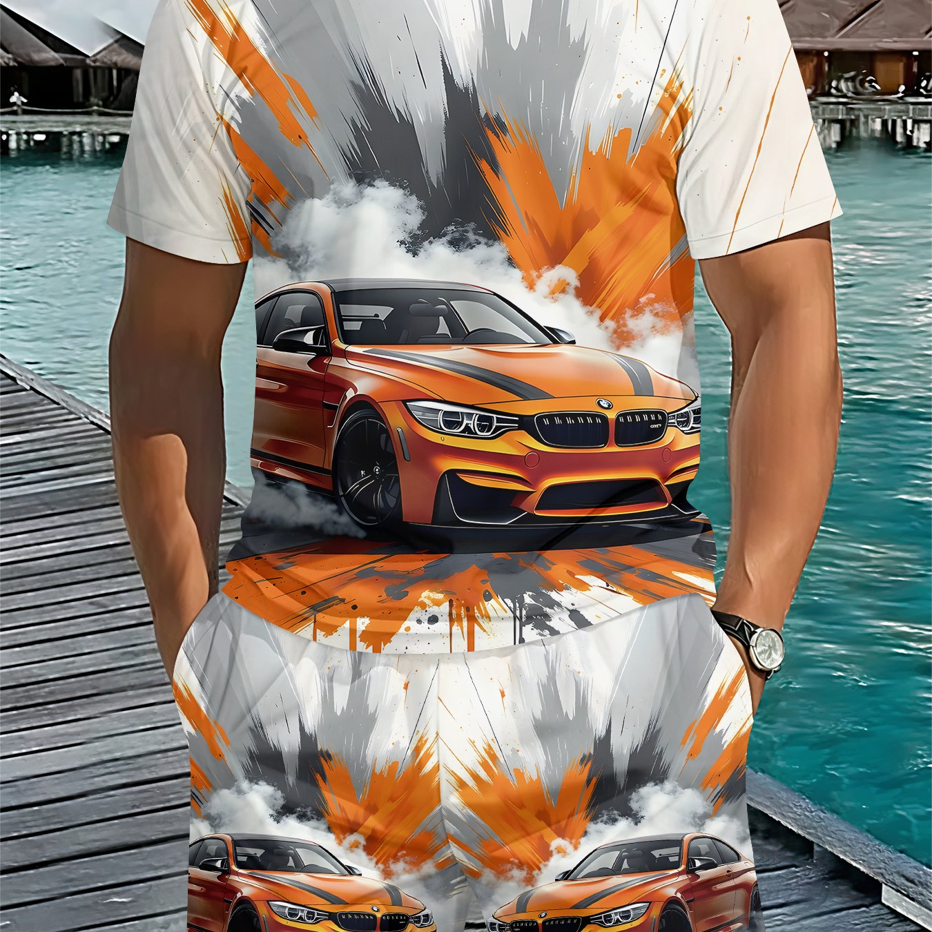 TEMU Ensemble de pièces tendance pour homme avec imprimé 3D numérique - T-shirt à manches courtes et short, imprimé orange et noir avec motif de
