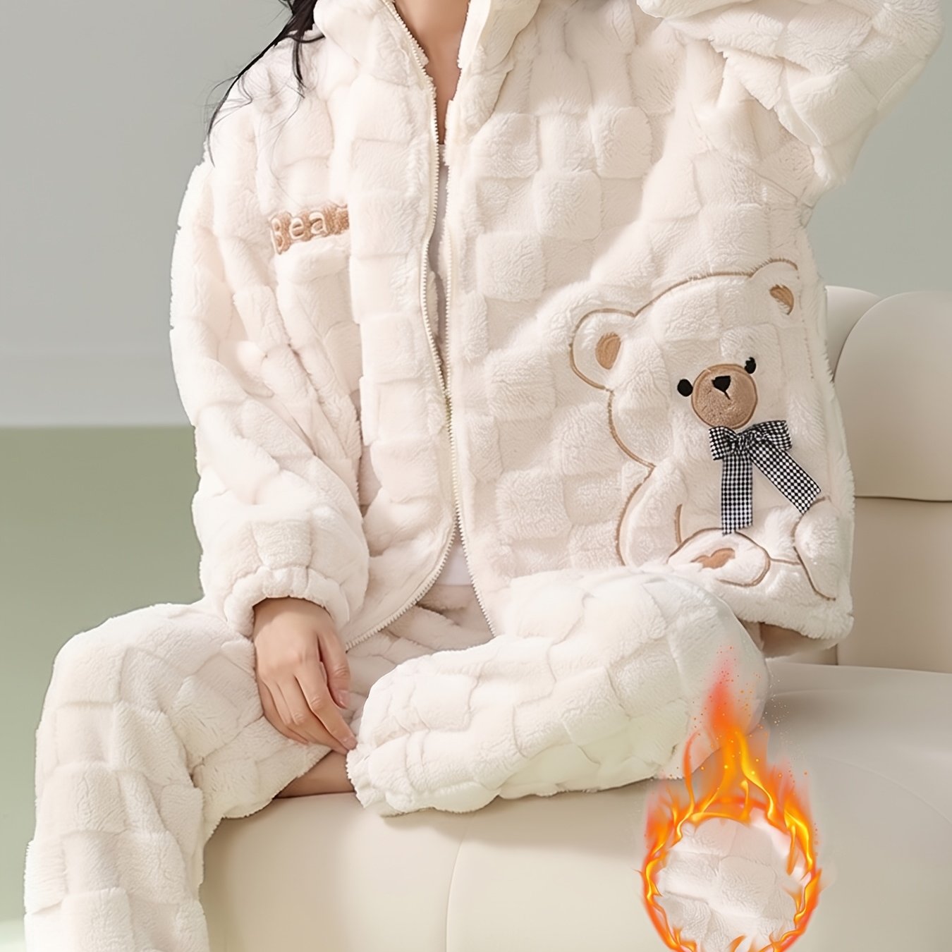 TEMU 26w Autumn/winter Women's Pajamas, Coral Warm Four-check Jacquard Embroidered Bear Zipper Cardigan Style Casual Loungewear Set, Suitable For