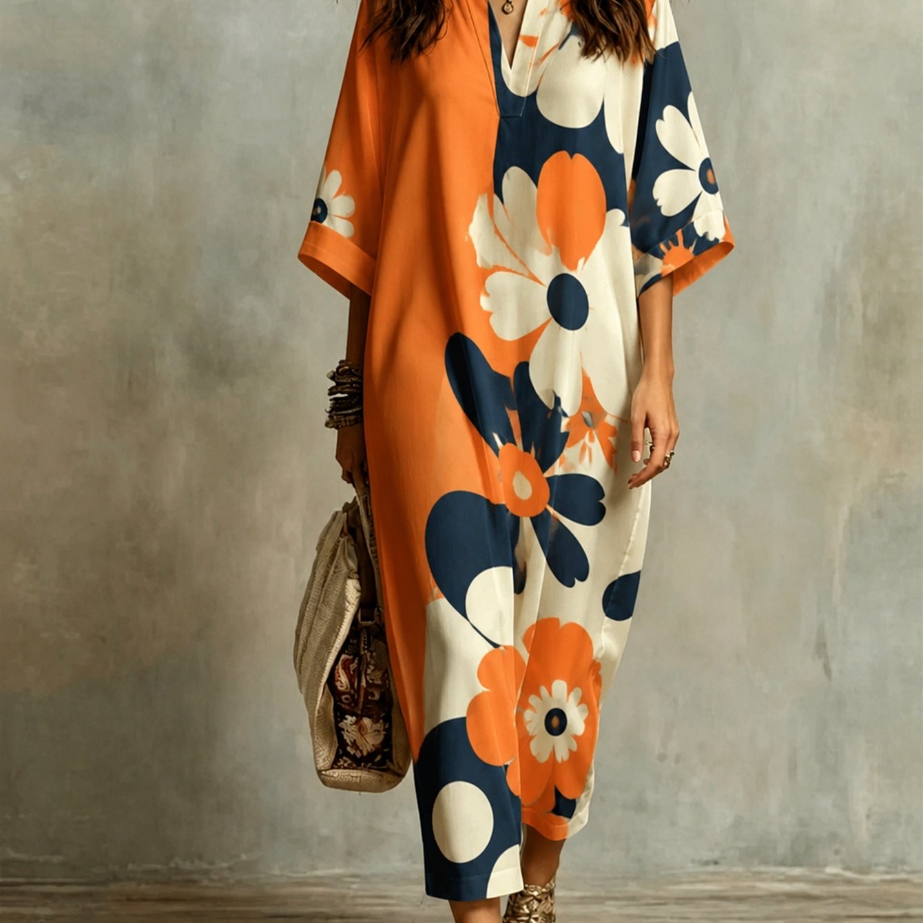 Plus Size - Orange White Navy Contrast Large Floral Print Lapel -sleeve Loose Maxi Dress, -friendly Vibrant Long Dress Perfect Gift Pick