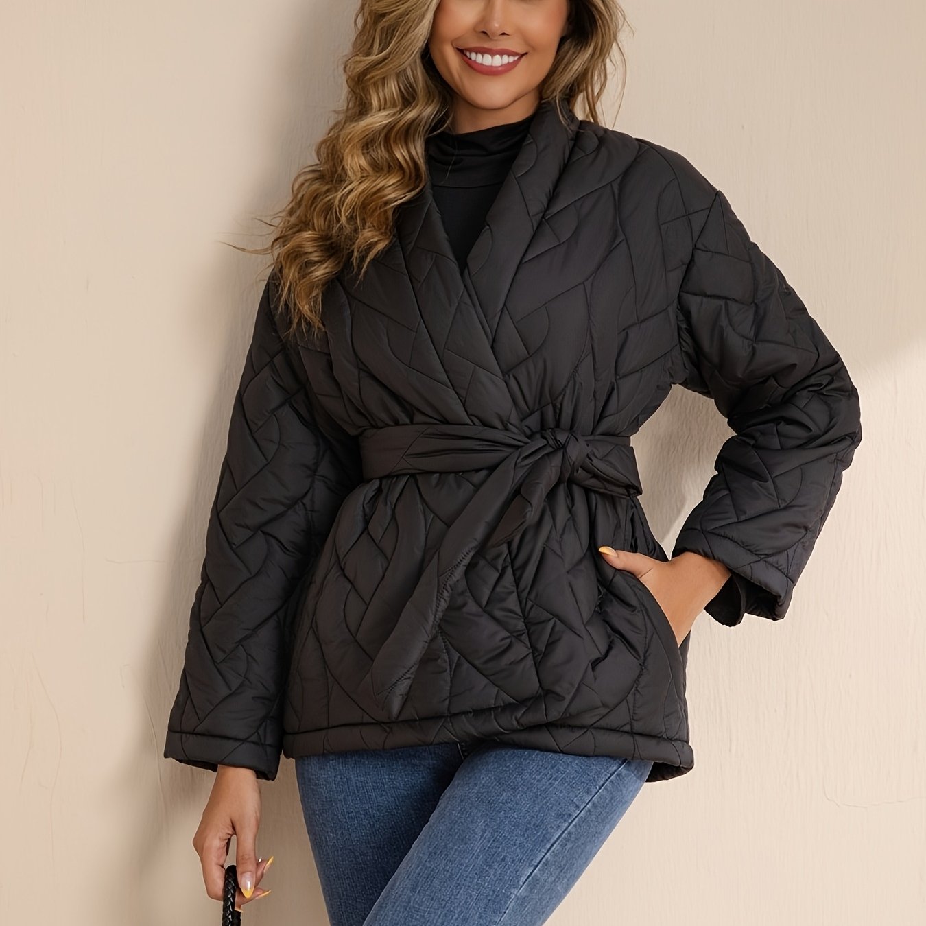 TEMU Casual Women's Quilted Jacket With Side Pockets, Belted Design, Suitable For Office Wear, Featuring Full Sleeves And
