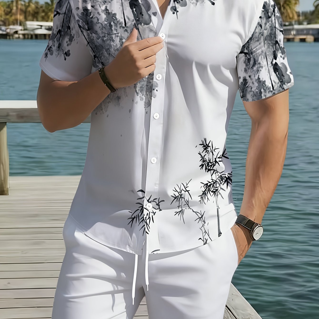 TEMU [printed Design â Not Textured] Men's Fashion Casual Short-sleeve Shirt Top + Pants 2pcs Set