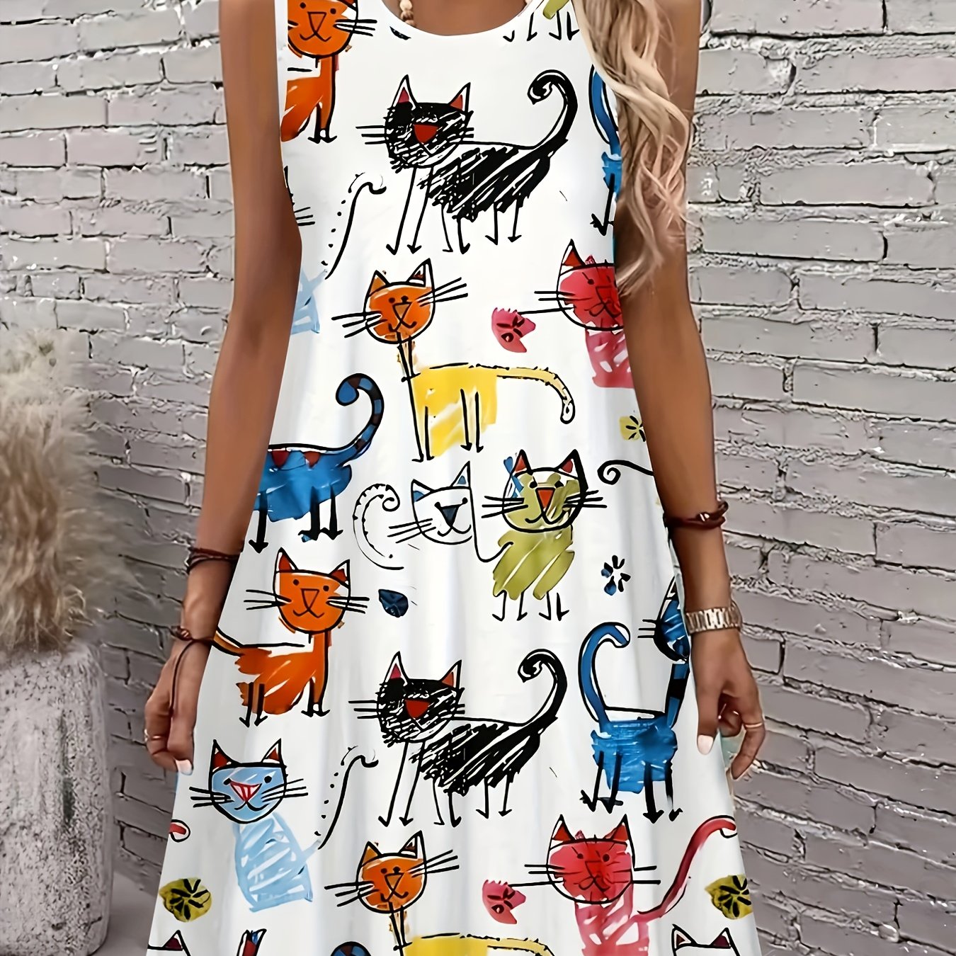 E-shop Ärmelloses A-Linien-Kleid mit Katzenmuster für Damen - Kurzes Sommerkleid mit Rundhalsausschnitt, Lebendiges Mehrfarbiges Katzen- &