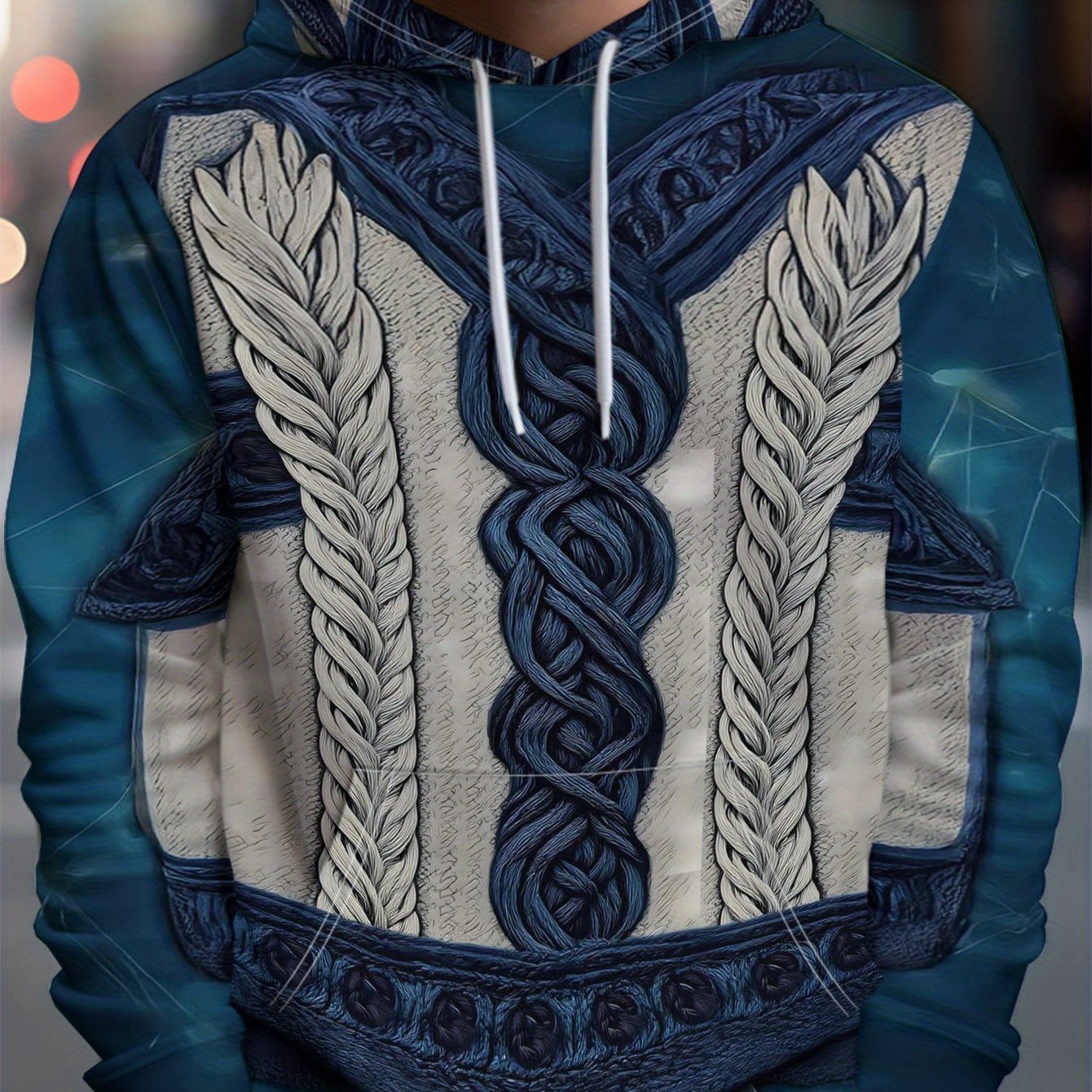 TEMU Men's Loose-fit Full-body Print Hooded Sweatshirt- Blue& White Texture Hoodie, Machine Washable Casual Sweater Jacket For Spring/autumn Travel&
