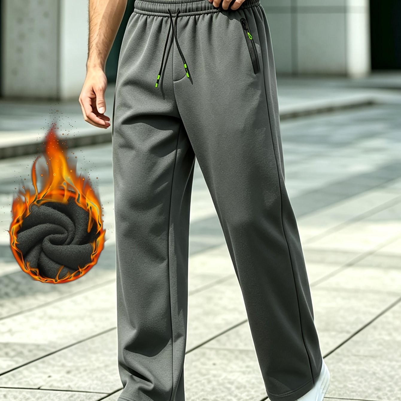 TEMU 1xl-5xl Men's Thickened -lined Sweatpants With Zippered Side Pockets & Adjustable Contrast Drawstring - Warm Winter Pants Suitable For Running,