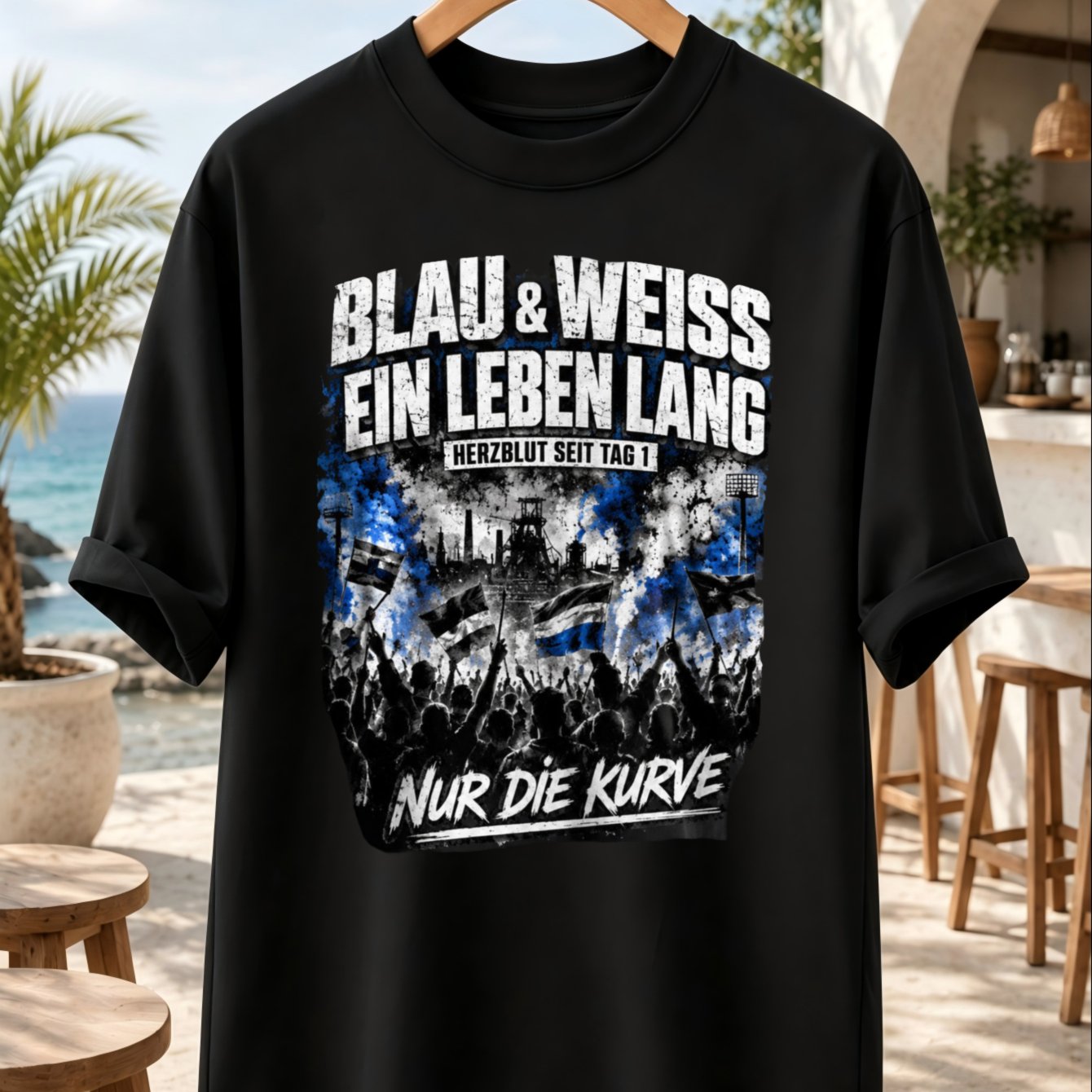 Image of Men' & Unisex Retro German Football Fan T-shirt - Blau & Weiss Stadium Crowd With "ein Lang" German Quote, Casual Round Neck Tee Suitable For , Machine Washable For Soccer Supporters Gift