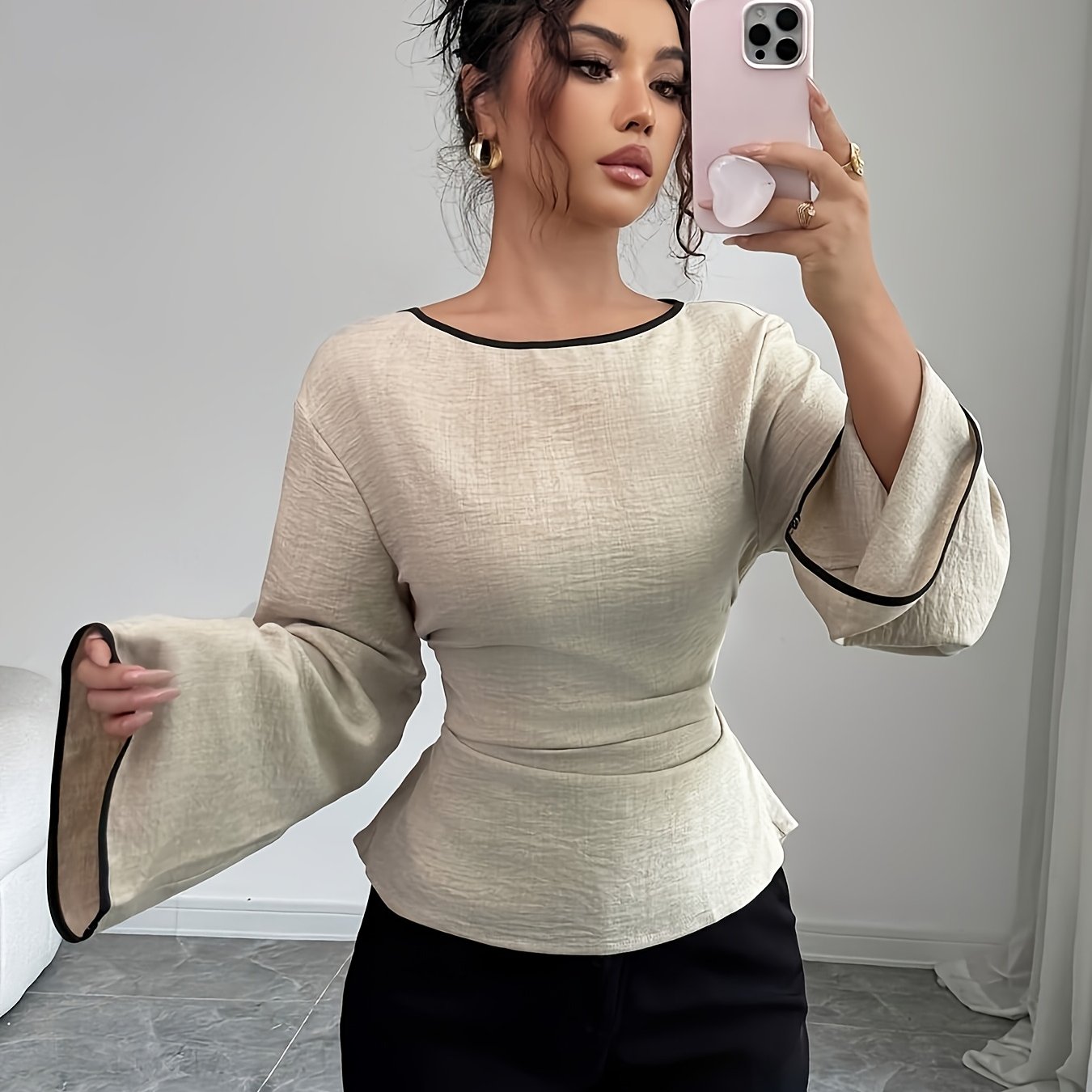 TEMU Xz260710608 Women' Color Round Neck Shirt, Contrast Color Tie-waist Top, Flared Sleeve Long Sleeve Blouse, Waist-cinching Casual Shirt, Machine