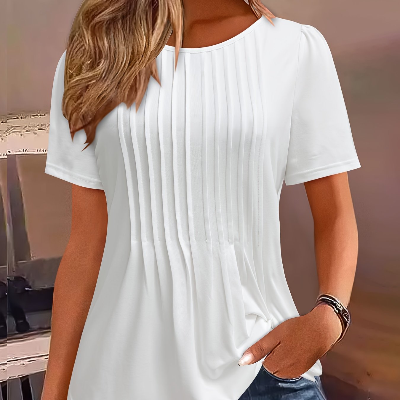 E-shop Richtungsweisende Entwicklung Sommermode Einfarbig Rundhalsausschnitt Vielseitiges Kurzarm T-Shirt für Damen mit Faltenbesatz am Busen