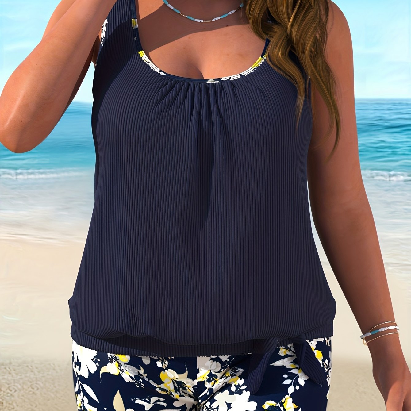 Image of Plus Size Ribbed Fresh Elegant Casual Fashion Beach Vacation Tankini Swimsuit Set