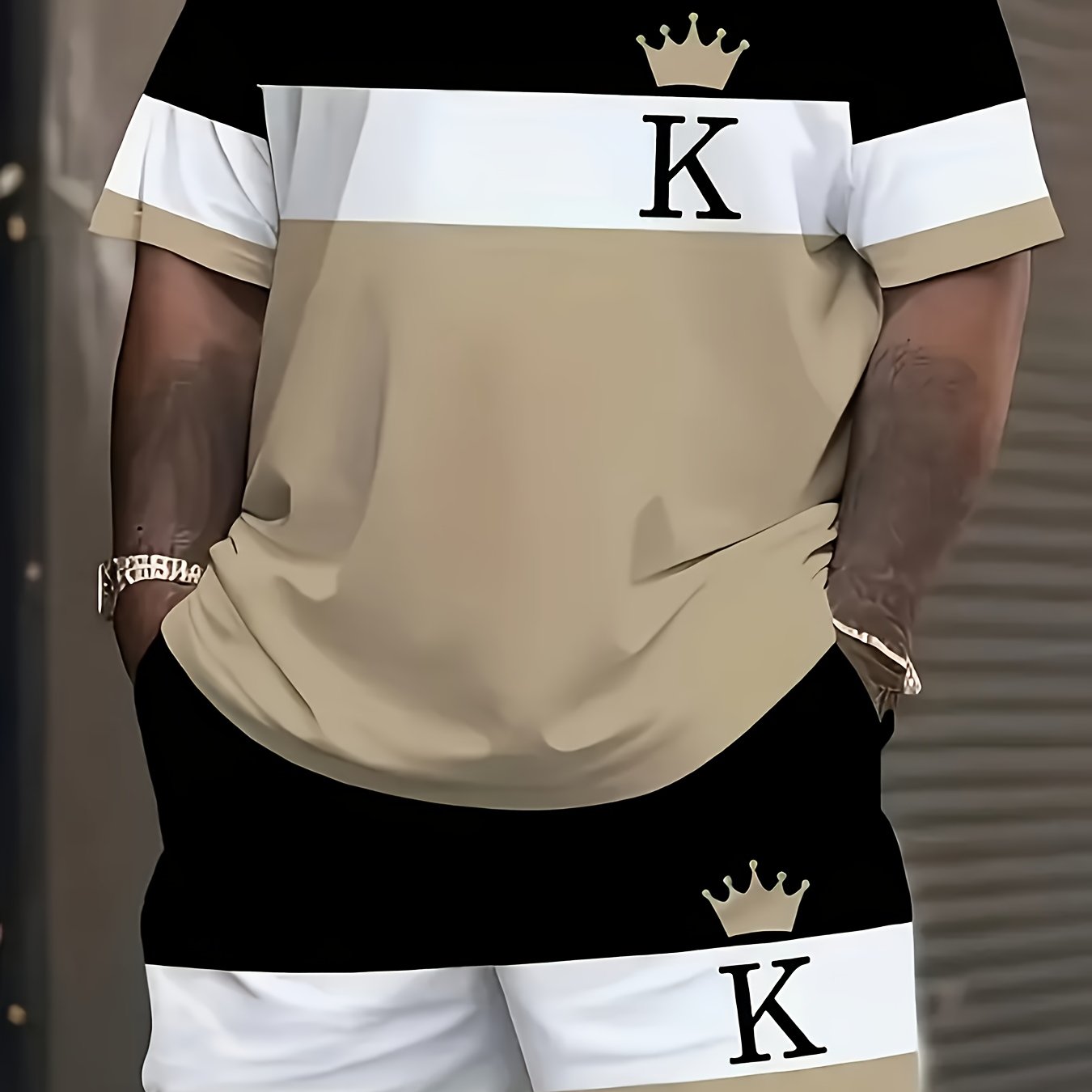 TEMU Men's Plus Size 3d Color Block Casual Sport Short Sleeve T-shirt And Shorts Set, Suitable For Daily Wear, , Sports, Campus, Leisure, Used As A