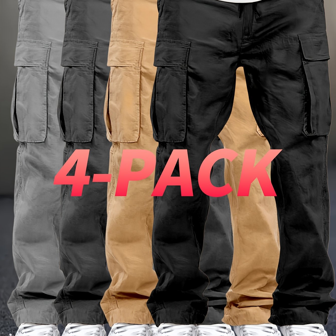 TEMU 4pcs Set Men's Pure Cotton Cargo Pants, Elastic Waist Drawstring Hem Flap Pocket Joggers, Soft Breathable Casual Tapered Trousers For Work,