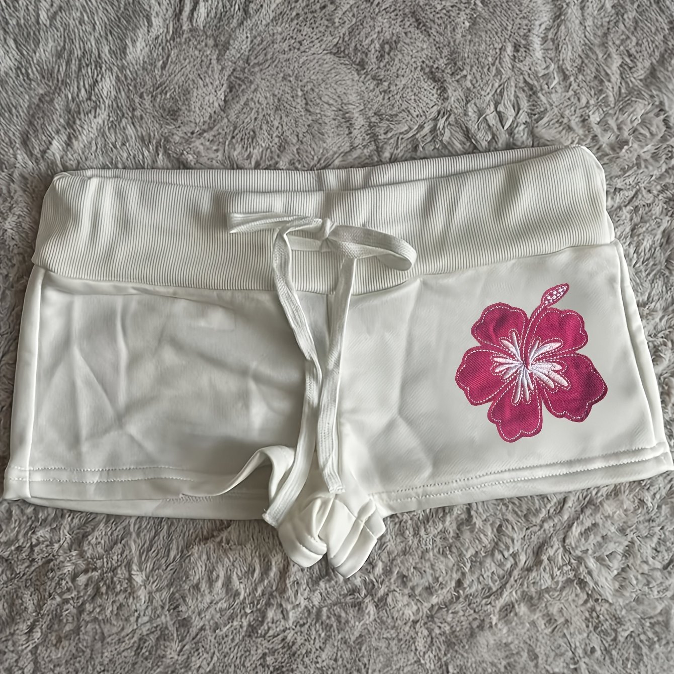 TEMU Ypli Y2k Mini Shorts With White And Pink Hibiscus Flower Pattern -