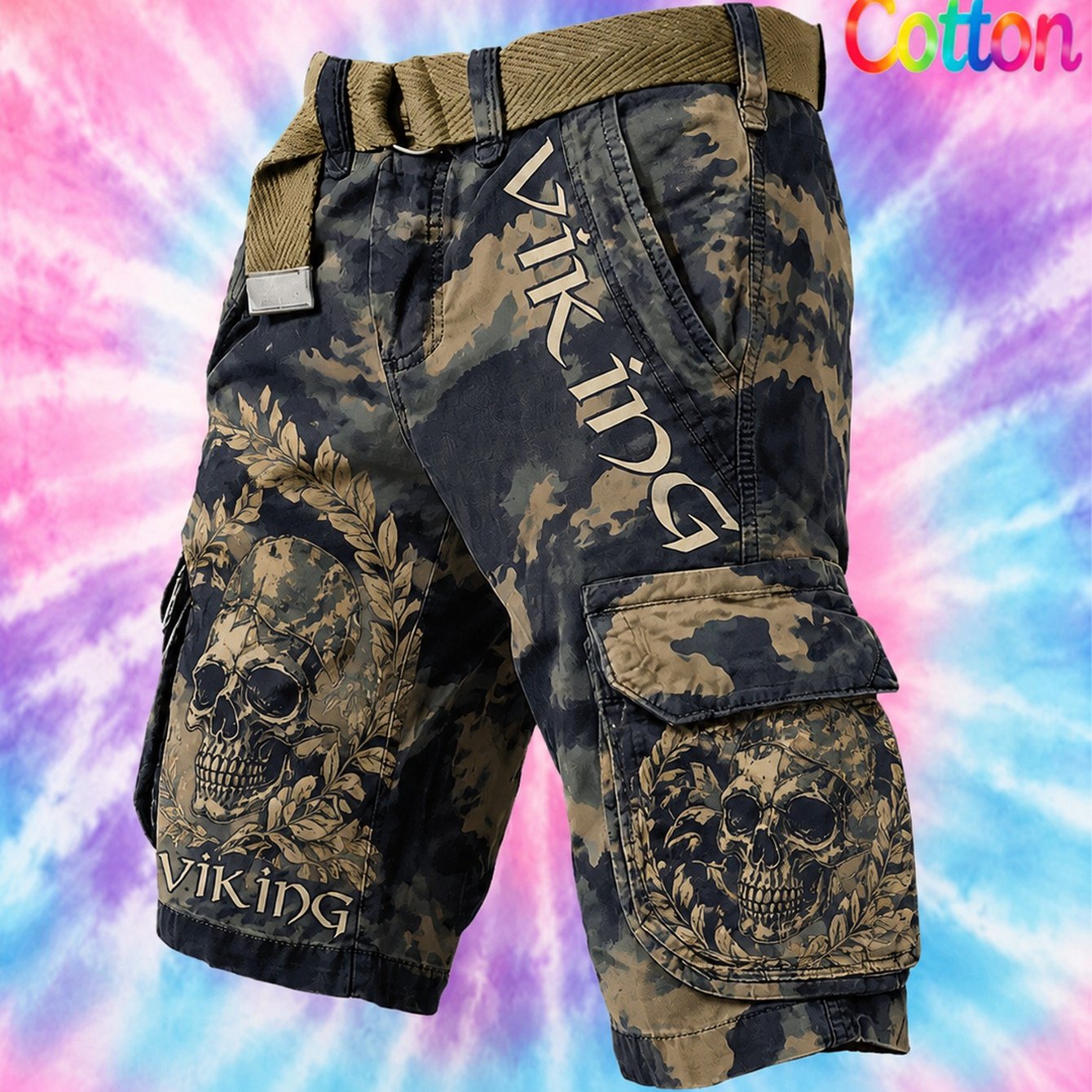 Image of Men' 100% Cotton Work Trousers With Beltless & Skull Design - Streetwear Casual Pants Suitable For Casual Attire, Stylish , Regular Fit, Versatile For Office Or Outdoor Outfits