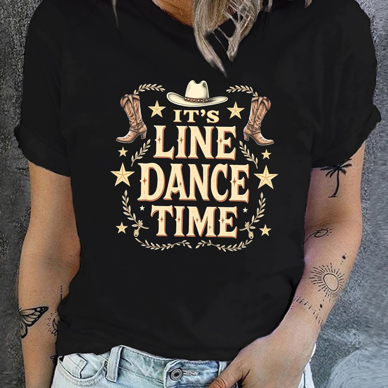 TEMU Women's Western Cowboy Boots & Hat Print T-shirt - Breathable Short Sleeve Crew Neck Pullover Top Suitable For Line Dancing, Country Dance